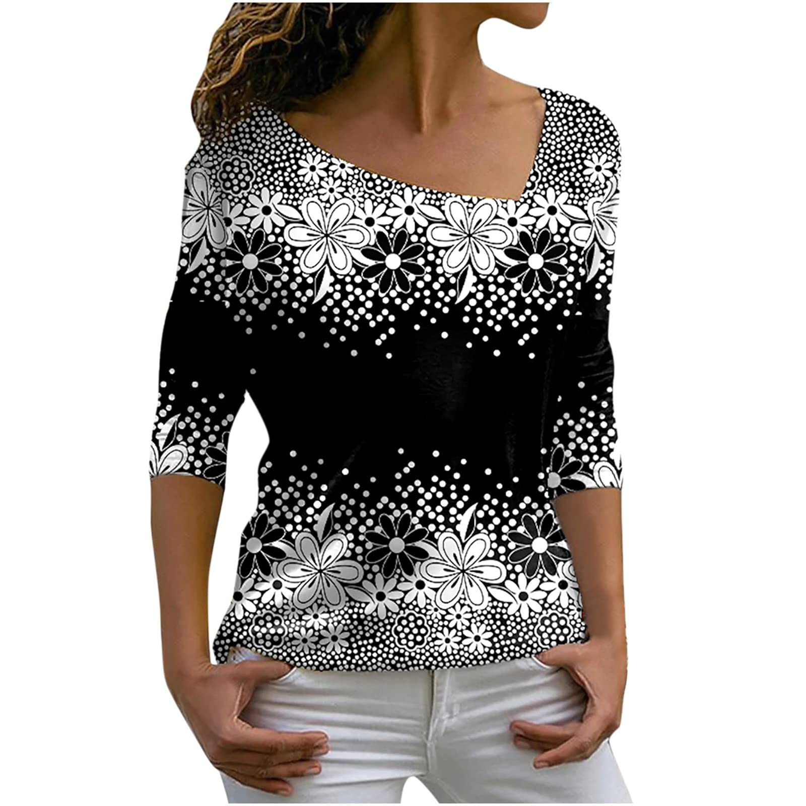 Women's Floral Print V-Neck Tunic Top - Long Sleeve Loose Fit Blouse for Summer & Fall - Elegant Casual Wear for Office, Date Night & Everyday Outfits