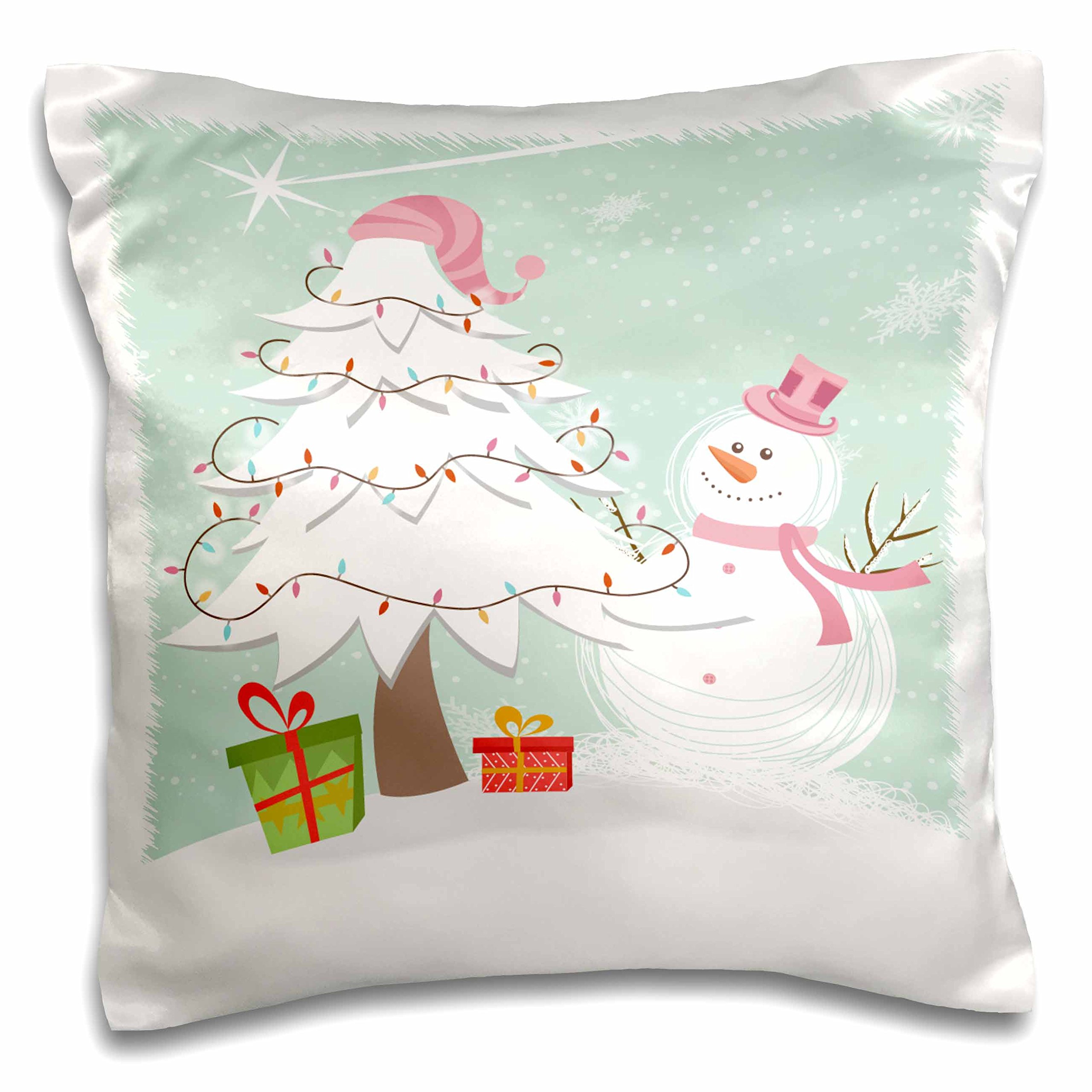 3D Rose Holiday Christmas Tree and Snowman Cartoon Design Pillow Case 16x16 Inch - Cute Whimsical Winter Scene for Home Decor, Gift, and Festive Decorations