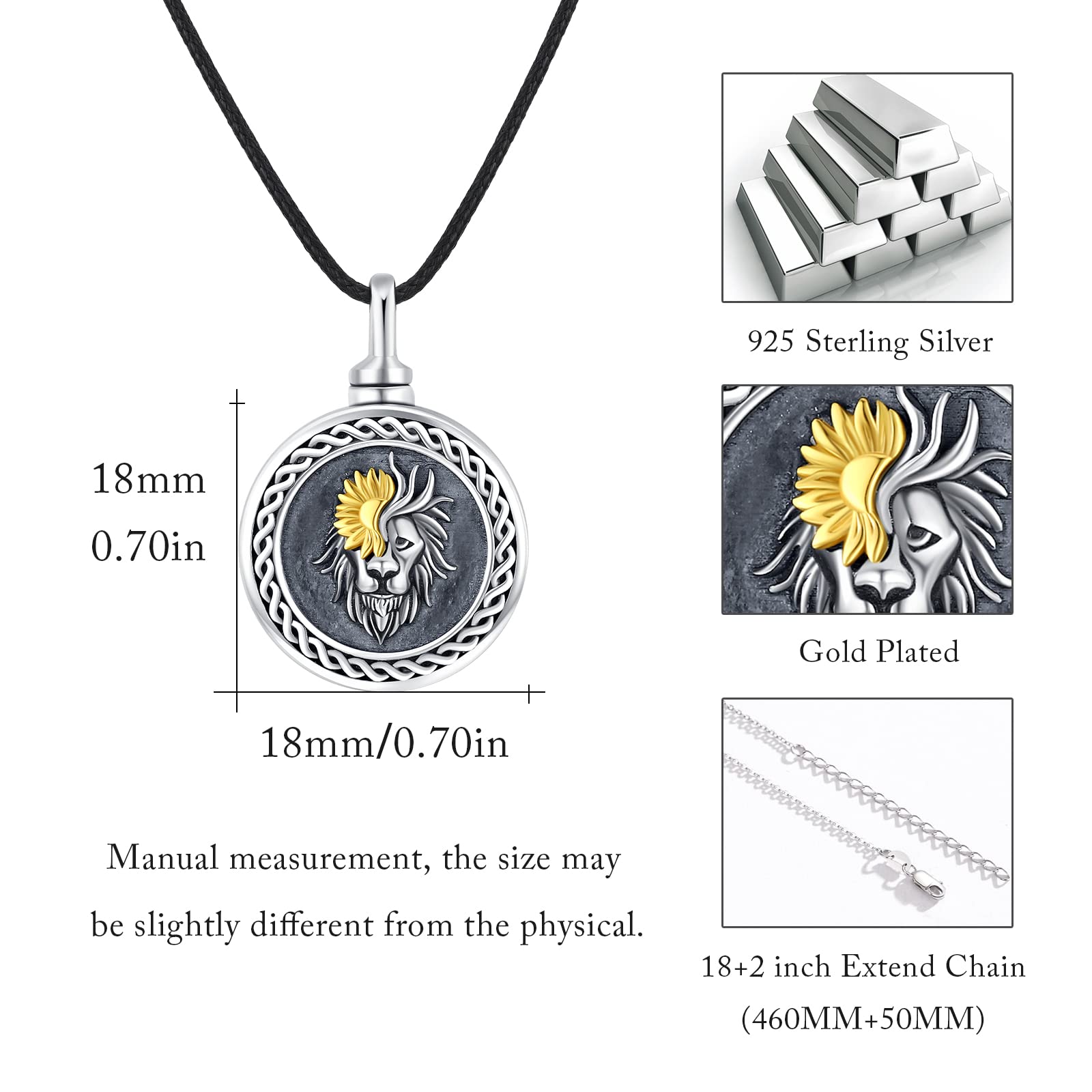 925 Sterling Silver Lion Necklace for Ashes - Lion King Cremation Urn Pendant for Men, Memorial Jewelry for Loss of Loved One with Gift Box - Perfect for Remembrance, Sympathy Gifts & Memorial Services