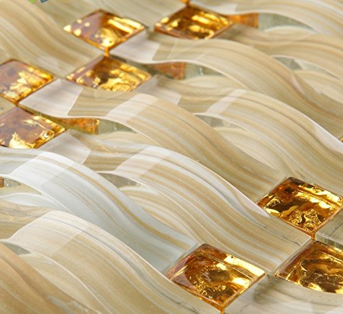 5-Sheet Hand Painted Glass Mosaic Tile Backsplash - Square Gold & Arched Crystal Interlocking Off-White Tiles for Kitchen, Bathroom, Accent Wall (YF-88) | Perfect for Modern Home Decor, DIY Projects & Commercial Spaces