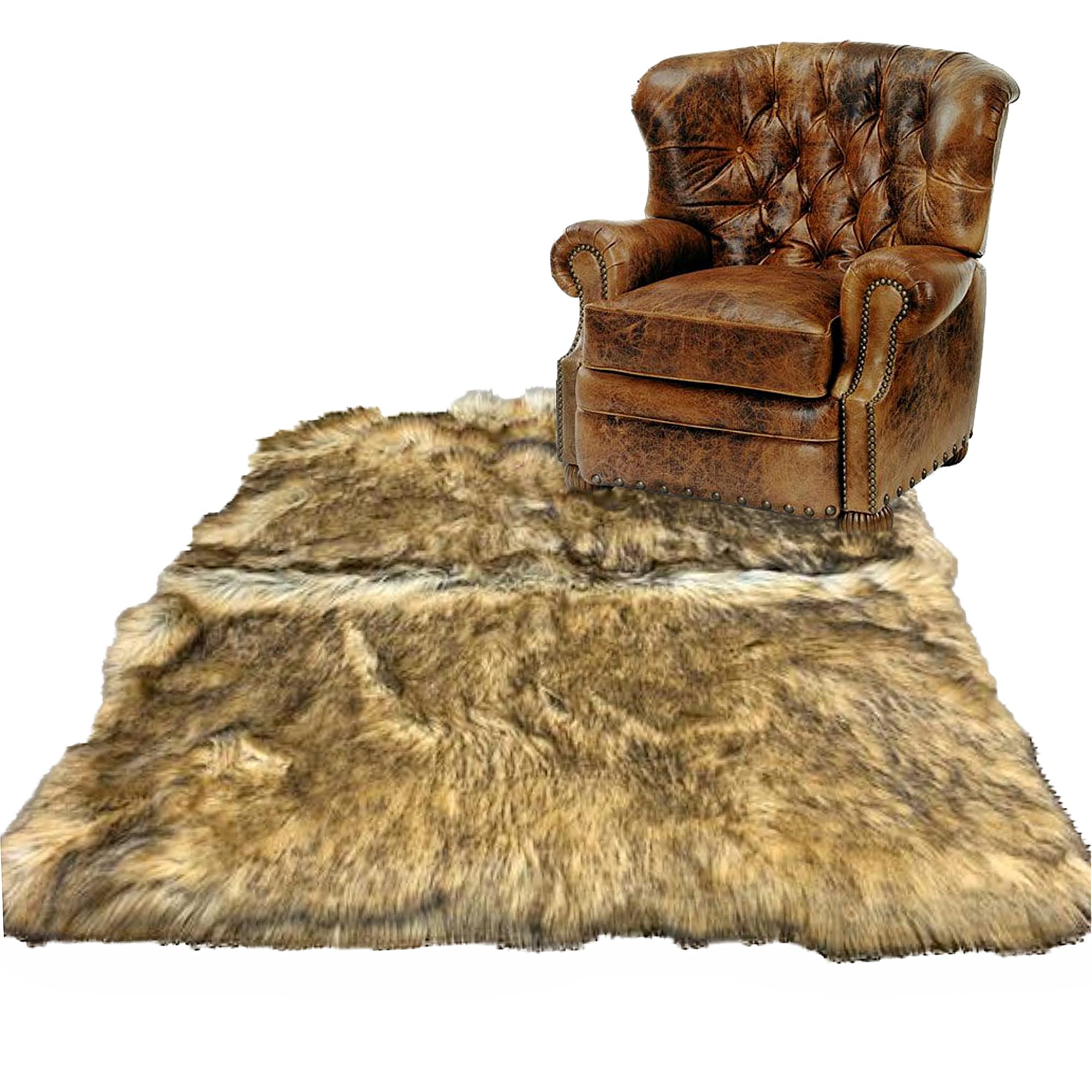 Premium Faux Fur Coyote & Wolf Rug with Brown Tips - Ultra Soft Plush Thick Fur - 4'x5' Rectangle Wolf Skin Rug with Suede Backing - Perfect for Living Room, Bedroom Decor & Cozy Home Accent