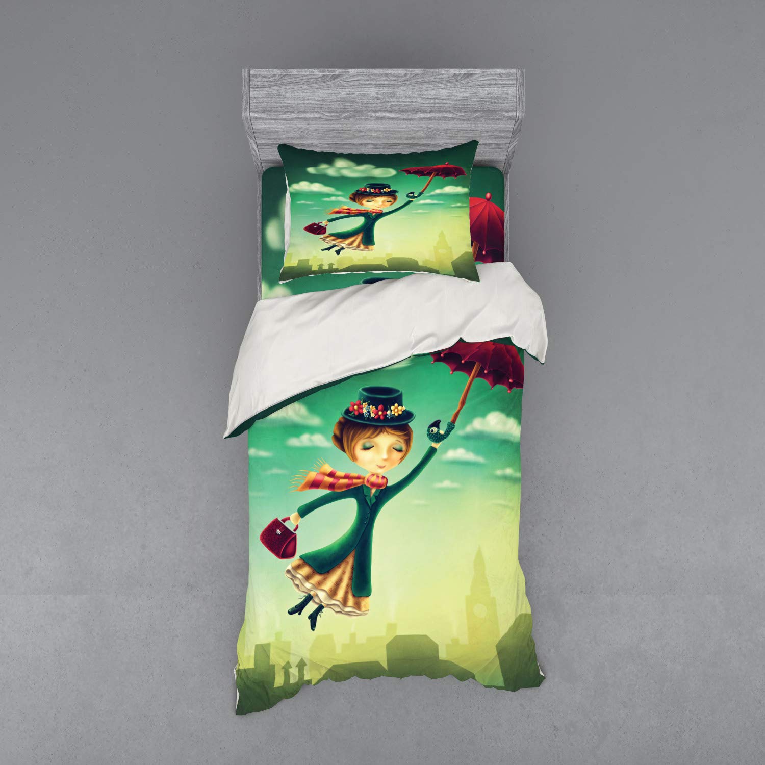 Ambesonne Fantasy Bedding Set - Cartoon Nanny Flying Over London with Umbrella & Bag, 3-Piece Duvet Cover Set with Pillow Sham & Fitted Sheet, Twin Size, Vibrant Multicolor - Perfect for Kids' Rooms & Whimsical Bedroom Decor