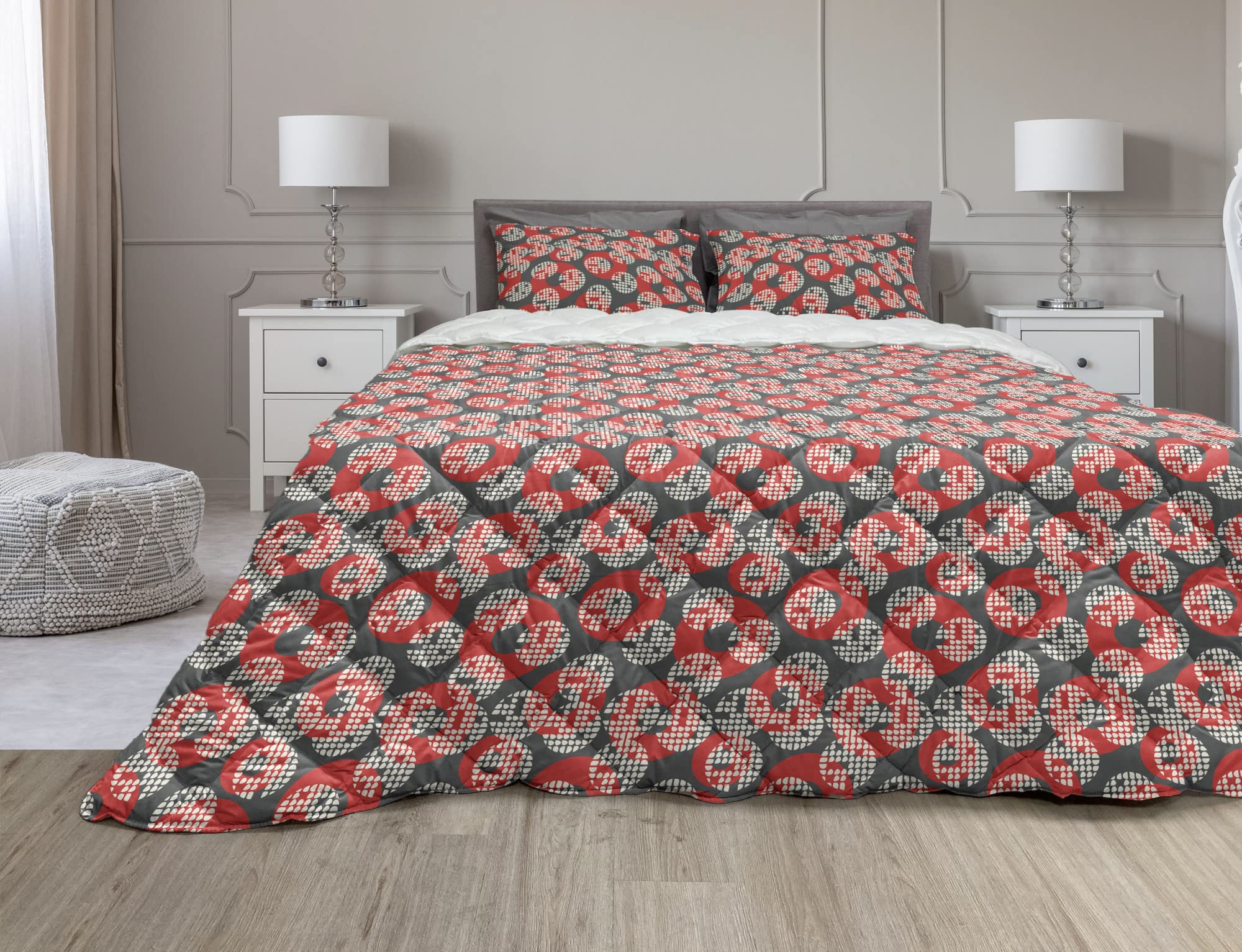 Ambesonne Geometric Comforter Set - 3 Piece Queen Size Duvet Cover with Sham, Abstract Retro Polka Dot Circles Design, Soft Microfiber Filling, Charcoal Grey Red White - Perfect for Modern Bedroom Decor & Guest Room Styling