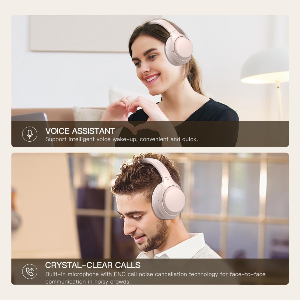 iKF T1 Pro Wireless & Wired Bluetooth Headphones with Noise Cancelling Mic, 100H Playtime, Hi-Fi Stereo Bass, Dual Device Pairing for iOS/Android - Perfect for Workouts, Commuting & Gaming (Pink)