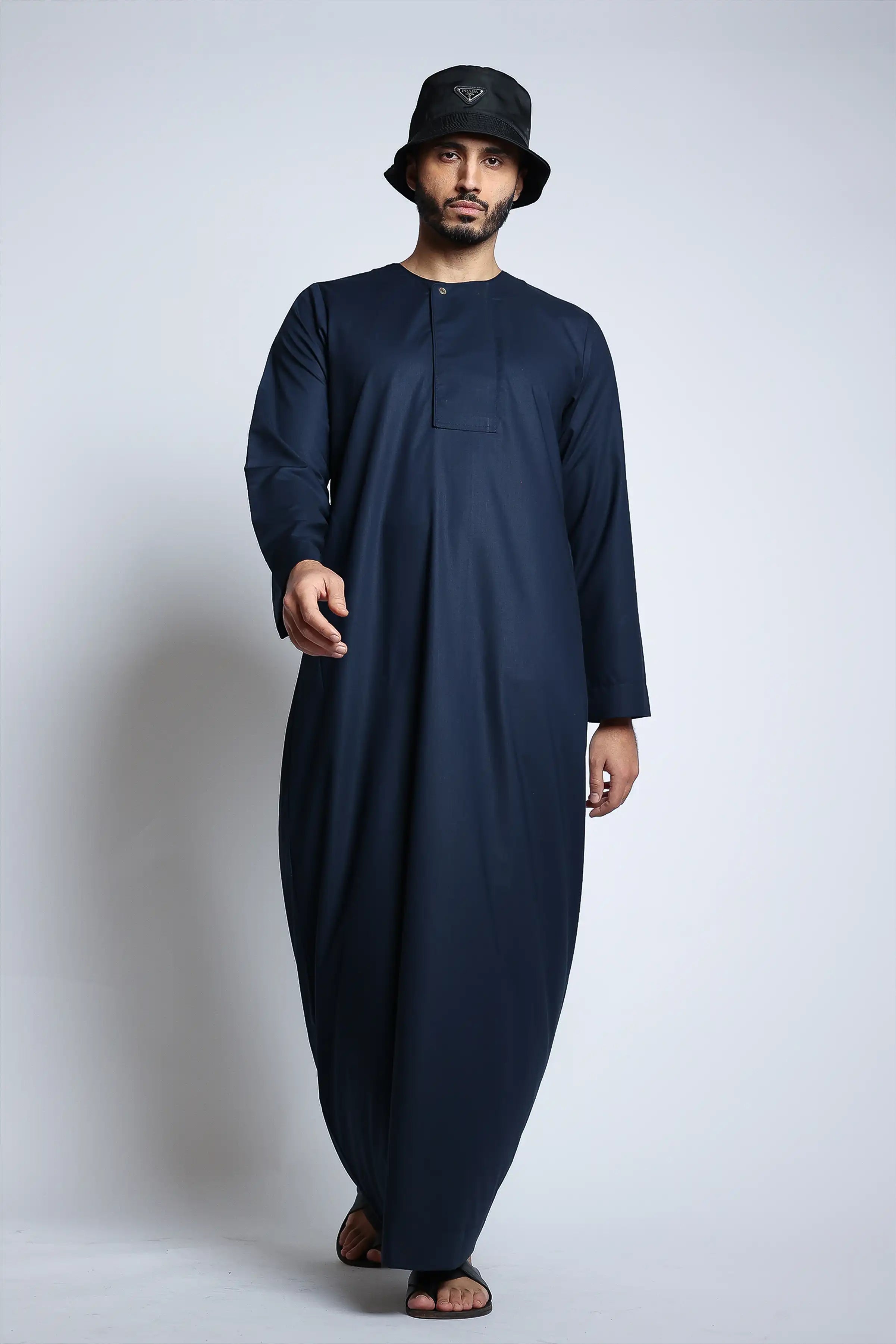 Premium J144 Willow Blue Piping Thobe for Men - Traditional Islamic Embroidered Long Dress - Perfect for Eid, Ramadan & Special Occasions