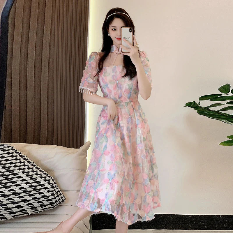 Elegant Sweet Spring Pink Mesh Party Long Dress for Women - Ruffled Collar Embroidery Floral Beaded Tassel Short Sleeve Formal Gown | Perfect for Evening Parties, Weddings & Special Occasions