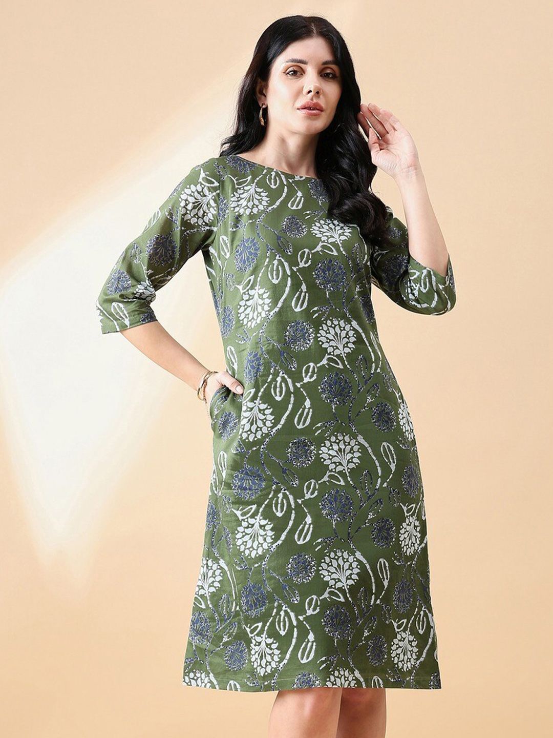 Floral Print A-Line Cotton Dress in Olive Green - Perfect for Spring Outfits, Casual Wear & Summer Dresses