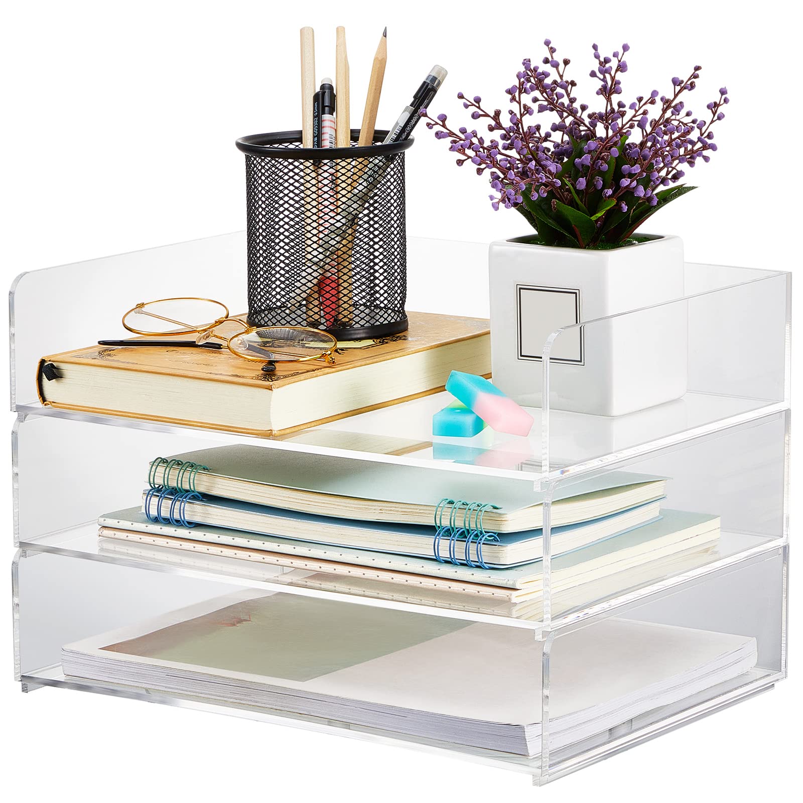 Yulejo Clear Acrylic Stackable Desk Organizer - 12.4 x 8.74 x 2.68 Inch Office Document Tray for Paper Files, Supplies & Workspace Organization | Perfect for Home Office, Study Desk & Professional Workspaces