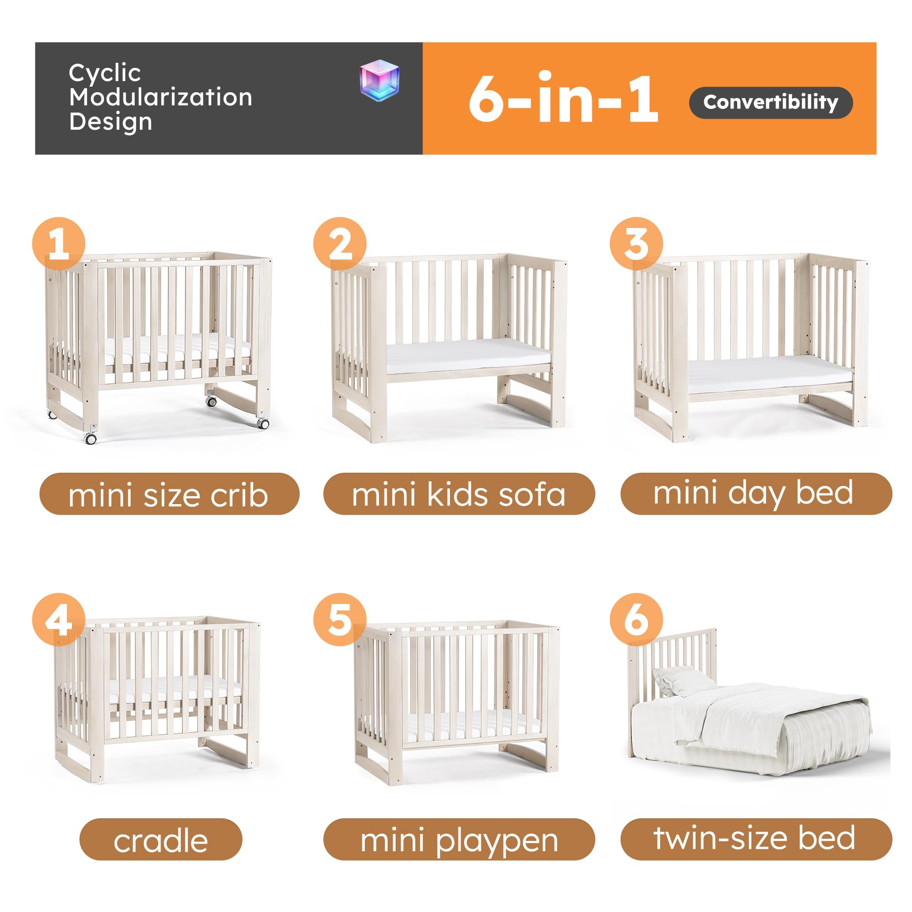 EvoNest 11-in-1 Convertible Baby Crib with Wheels | 100% New Zealand Pinewood | 4 Adjustable Mattress Heights | Washable Natural Finish | Mini Crib for Nursery, Bedroom & Small Spaces