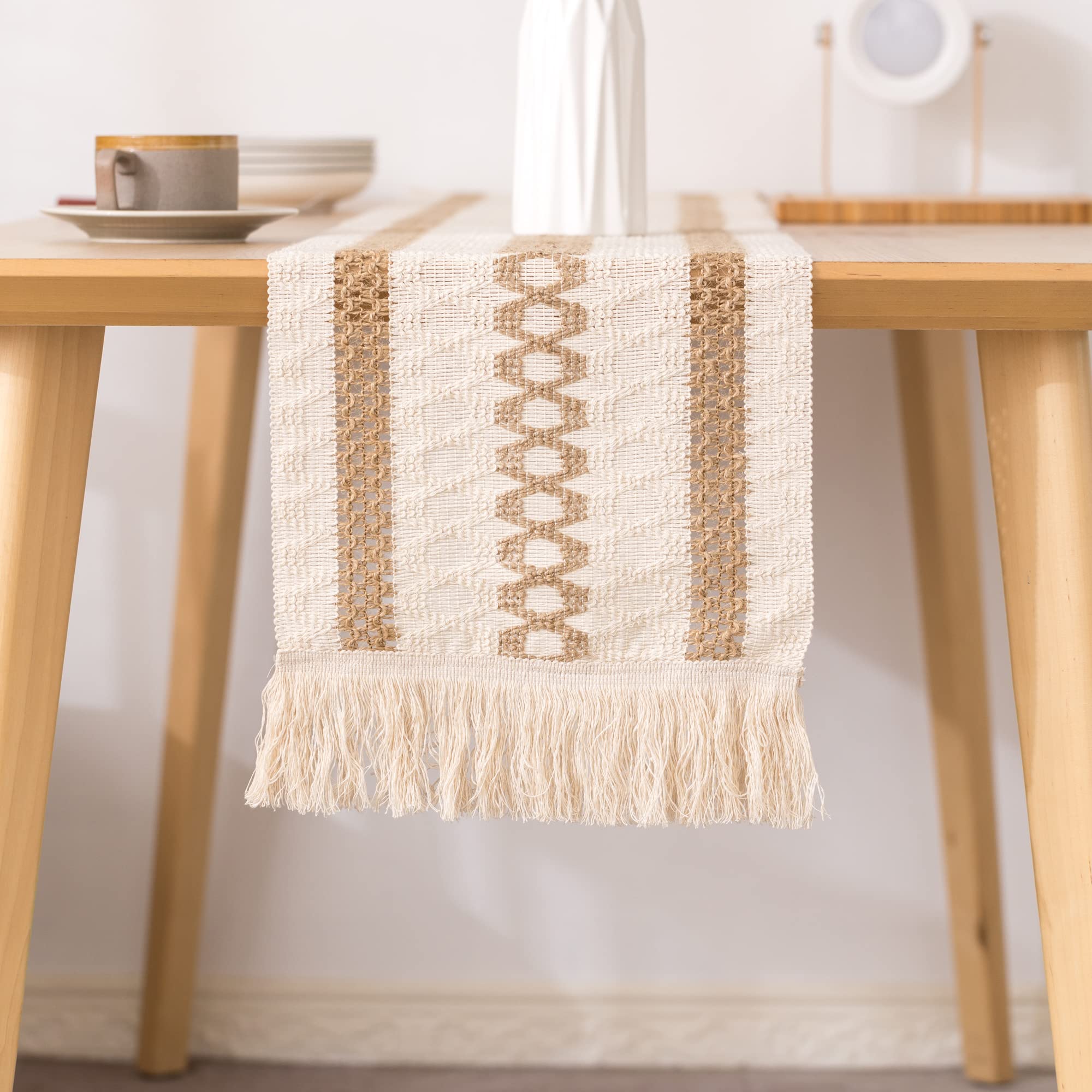 72 Inch Macrame Boho Table Runner with Tassels - Farmhouse Style Bohemian Dining Table Decor for Kitchen, Wedding, and Party Settings