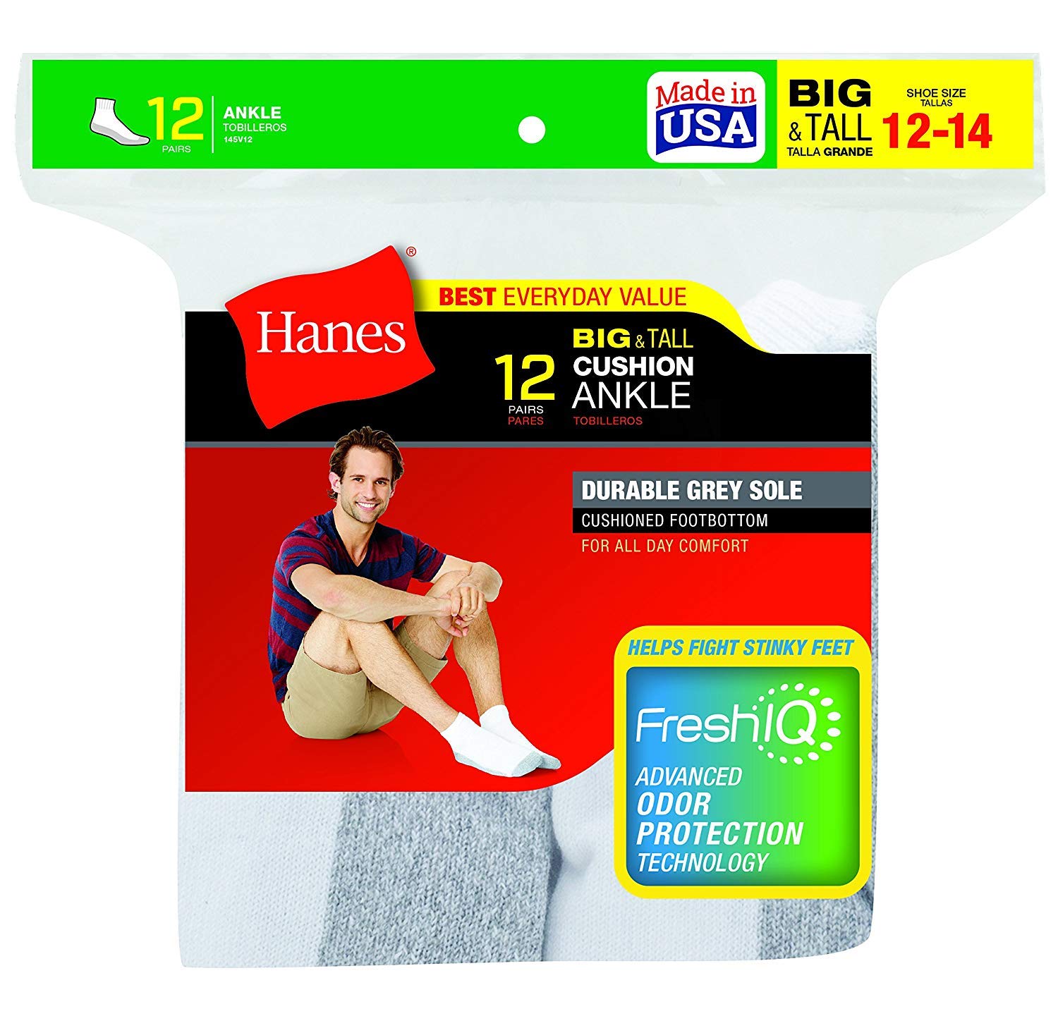 Hanes Men's Double Tough Ankle Socks 6-Pack - Durable Athletic Socks for Running, Gym & Everyday Wear - Moisture-Wicking & Cushioned Support for Comfort