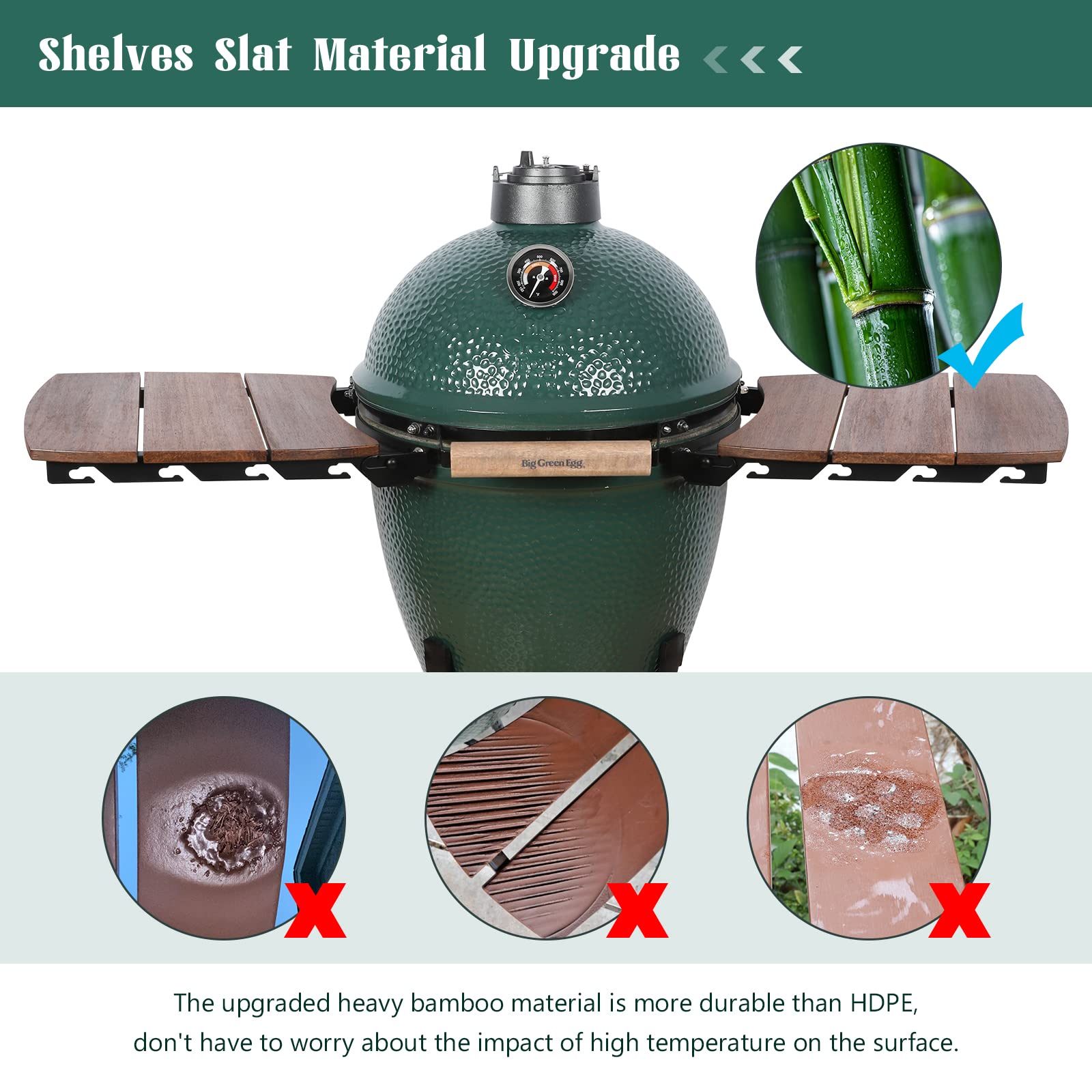 Dracarys 3-Slat Bamboo Side Shelves for Large Big Green Egg - Folding Side Table Replacement with Durable Bamboo Slats | Perfect for Outdoor Grilling, BBQ Accessories & Patio Cooking