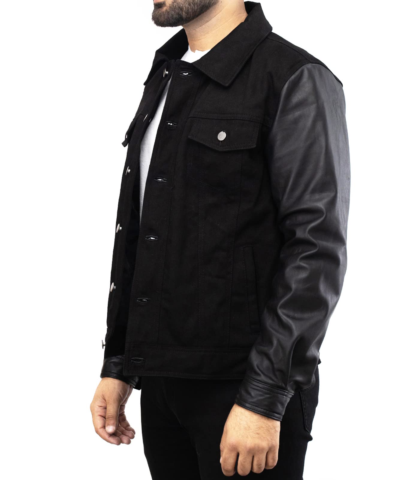 Men's Black David Varsity Lightweight Bomber Leather Jacket - Letterman Baseball Denim Jacket for Men (XS, Fits Chest 38-39