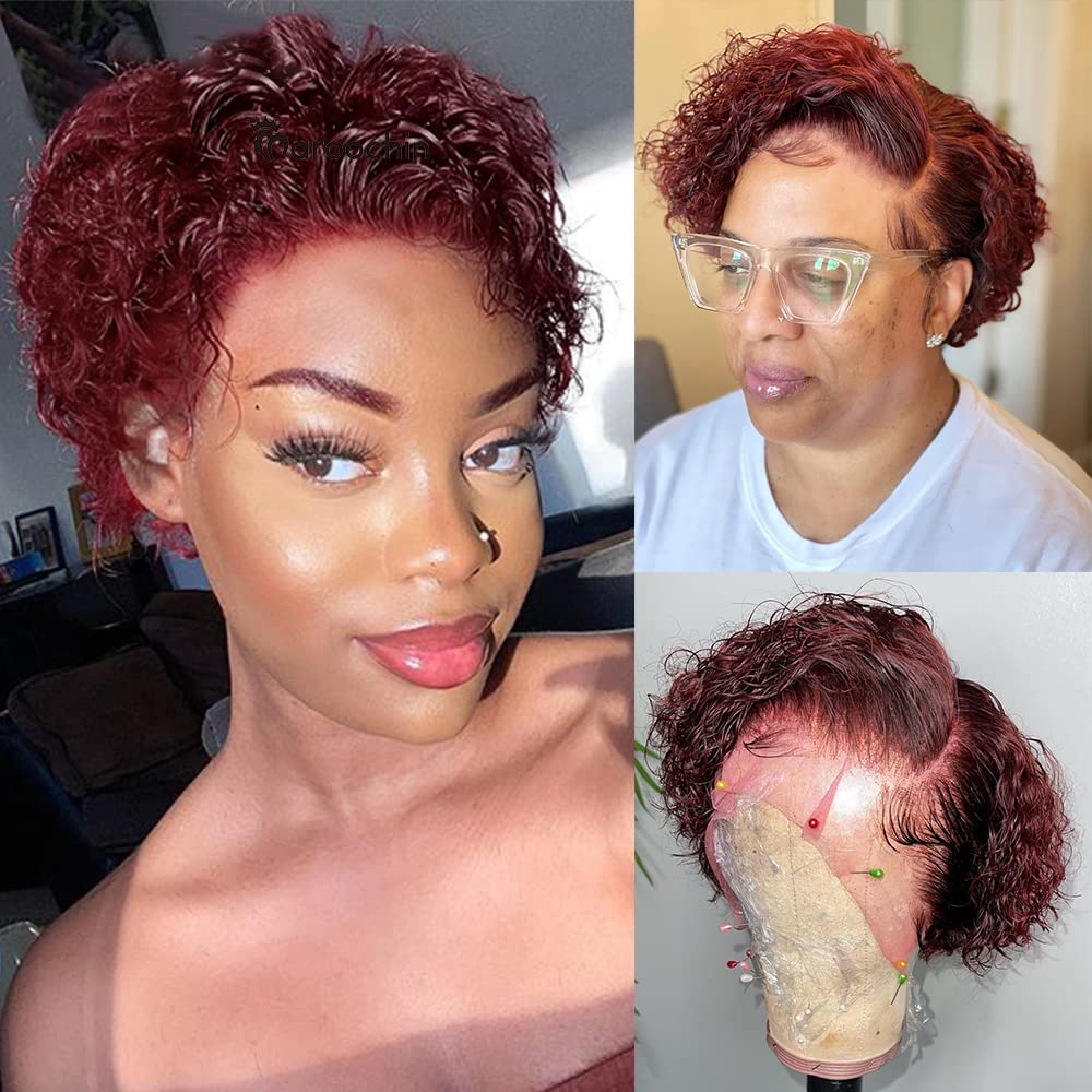 13x4x1 Lace Front Human Hair Wigs for Black Women - 180% Density Pixie Cut Curly Short Bob Wig with Baby Hair | 8 Inch 99J Natural Looking Hairpiece for Daily Wear, Parties & Special Occasions