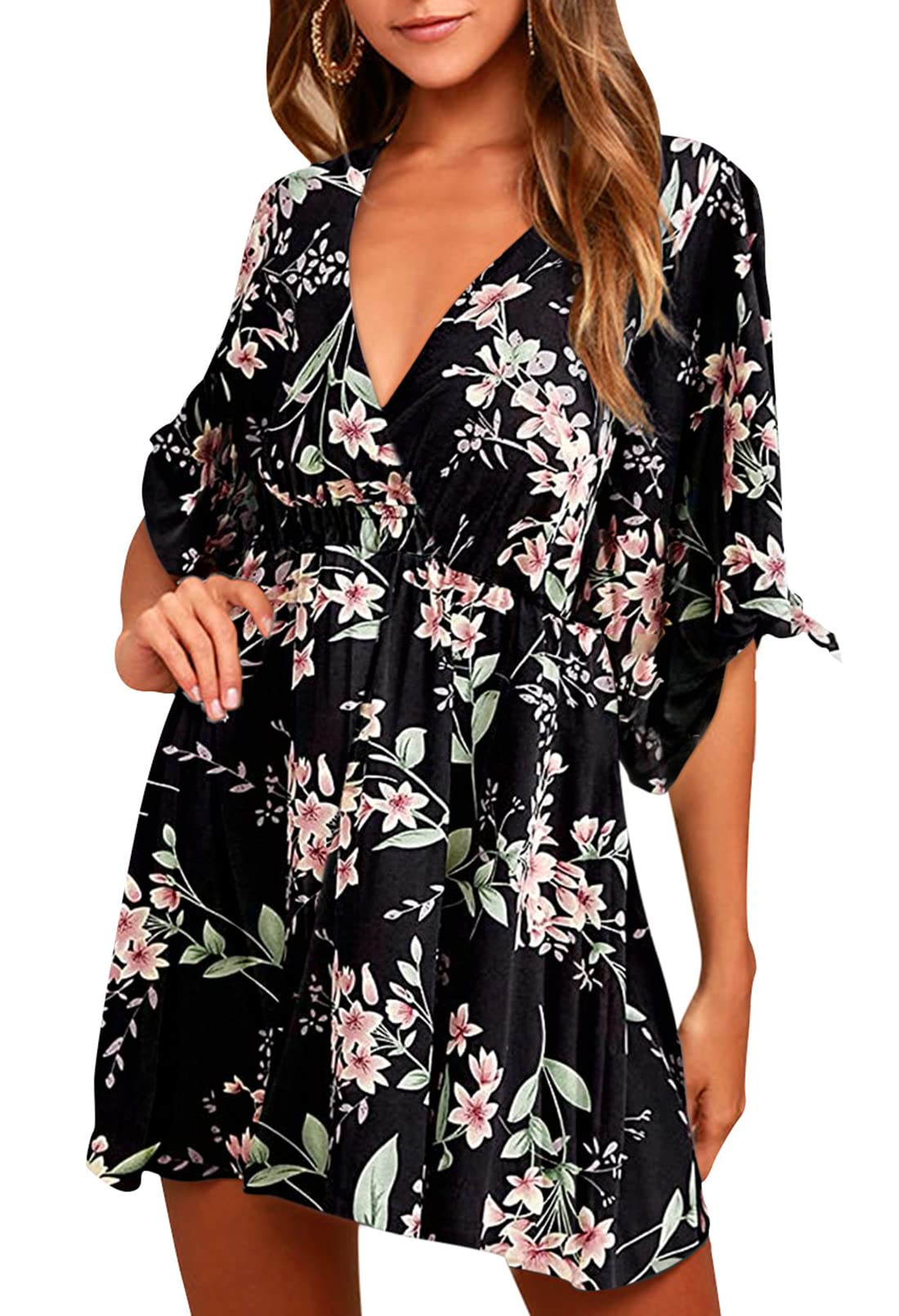 Meenew Women's Summer Casual Loose Tunic Swing Dress - V Neck Short Sleeve Vacation Beach Dress for Travel, Party & Outdoor Activities