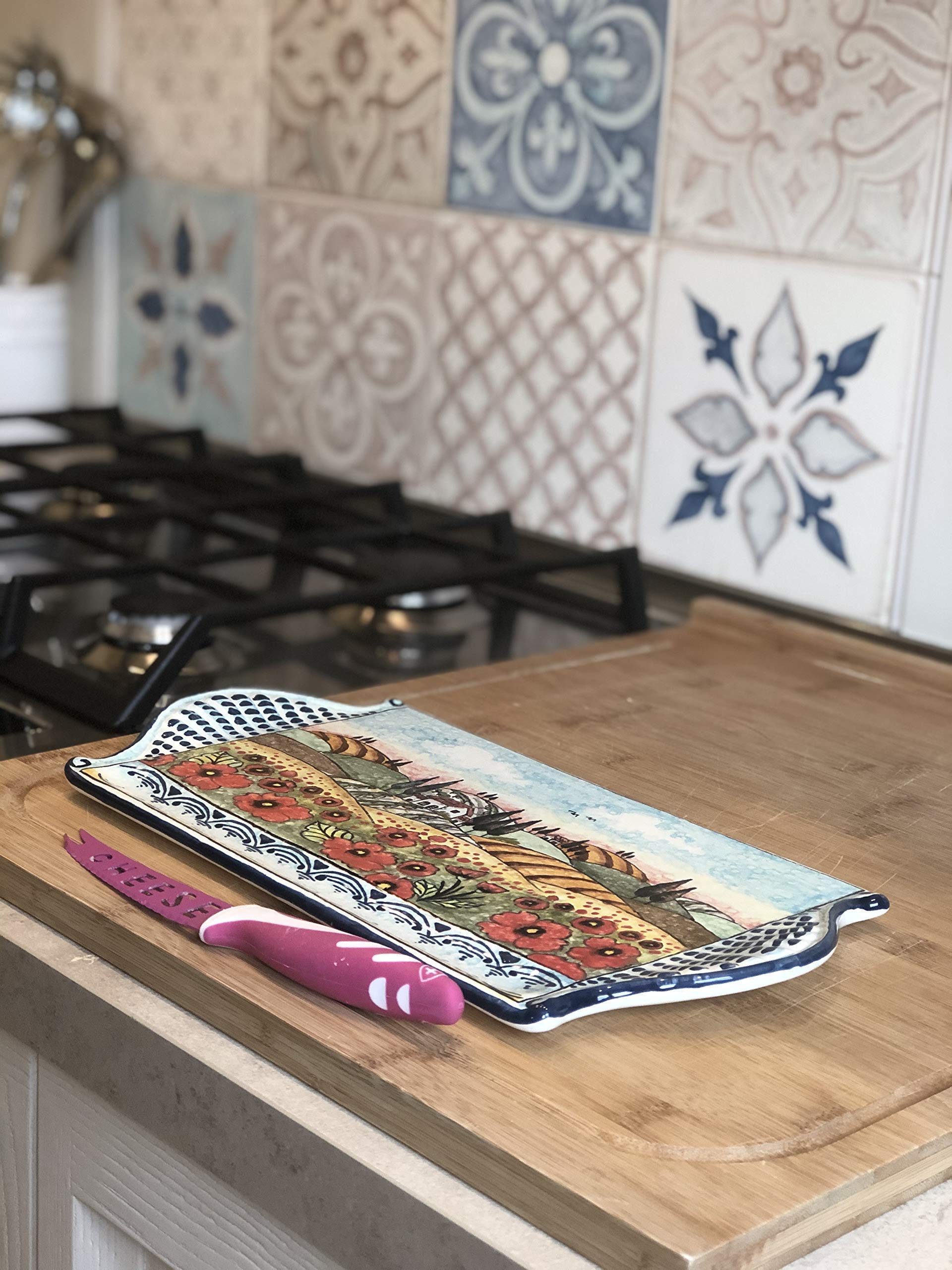 Hand-Painted Italian Ceramic Cheese Tray - Tuscan Poppies Landscape Appetizer Plate | Artisanal Pottery Centerpiece for Dining & Entertaining | CERAMICHE D'ARTE PARRINI Made in Italy
