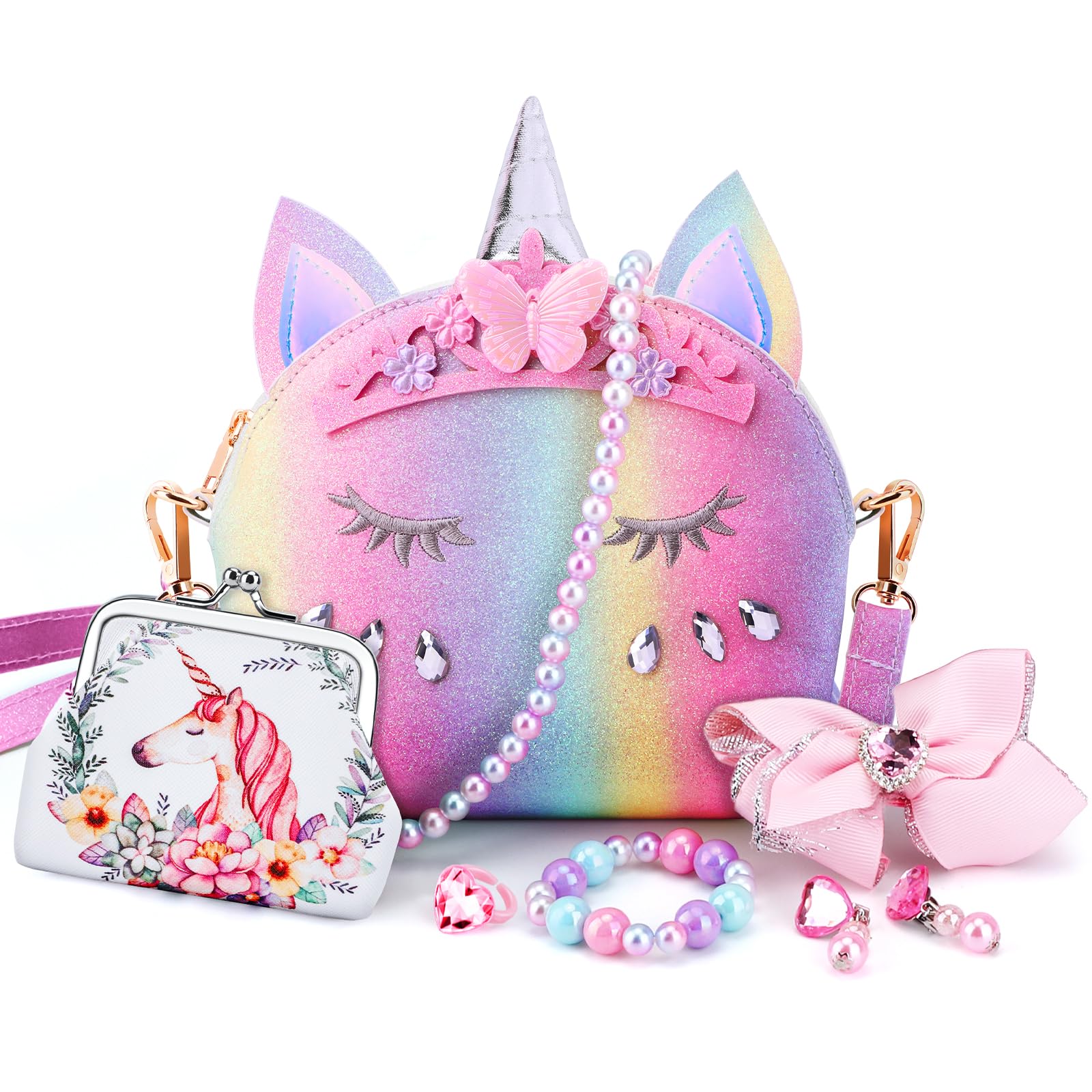 JYPS 7PCS Toddler Purse for Girls - Pretend Play Wallet with Princess Dress Up Jewelry Set (Rainbow Crown Unicorn) - Perfect for Birthday Gifts, Role Play & Imaginative Play