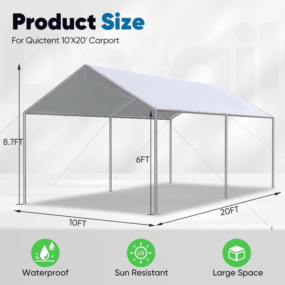 Quictent 10x20 ft Heavy Duty Car Canopy with Galvanized Steel Frame - Waterproof Outdoor Party Tent, Boat Shelter & Vehicle Cover with 3 Reinforced Steel Cables (Gainsboro) - Perfect for Backyard Events, Camping & RV Protection