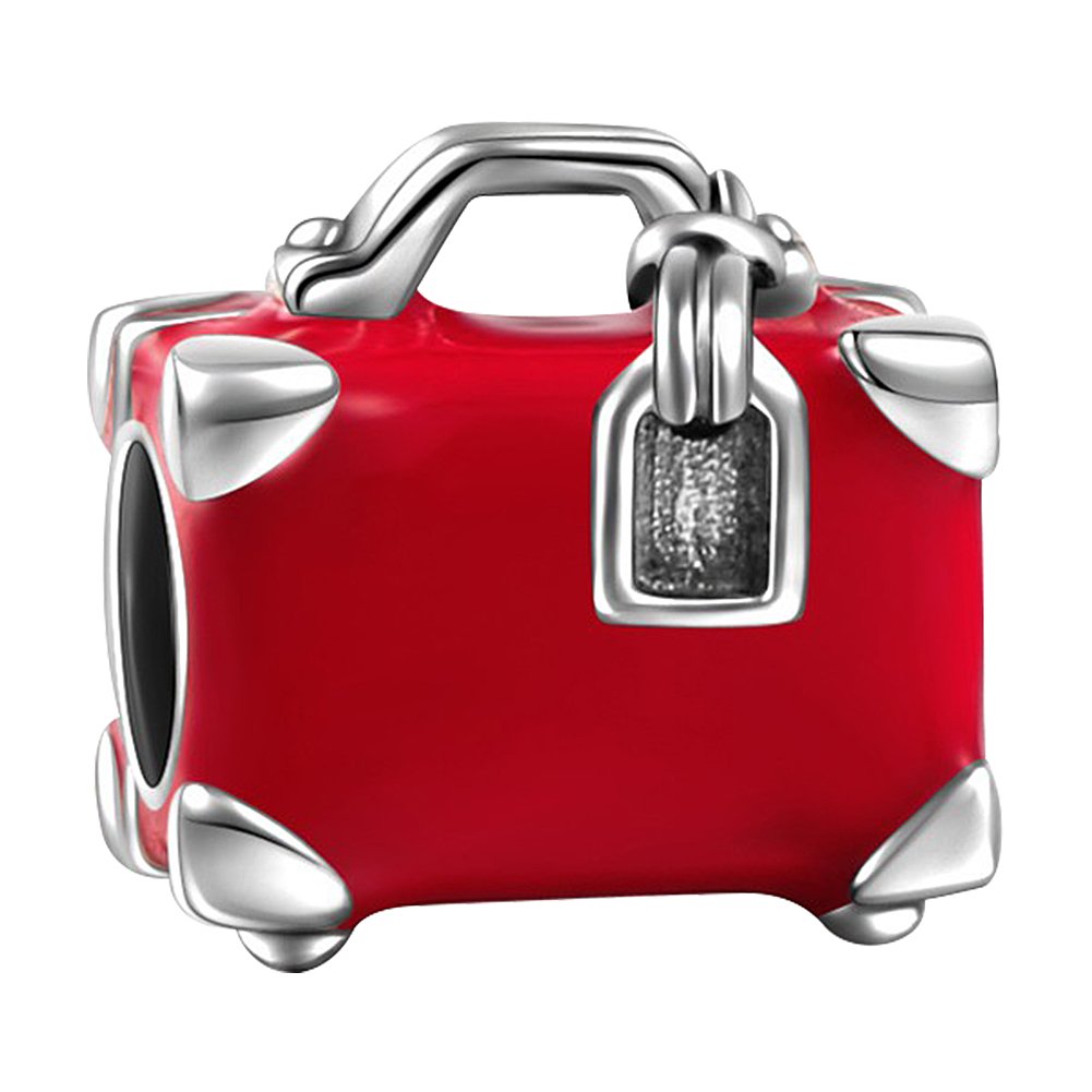 SOUFEEL Red Travel Suitcase Charm Beads for Bracelets - 925 Sterling Silver Charm Stoppers for European Bracelets - Perfect Gift for Women, Girls & Kids - Birthday, Anniversary, Christmas, Valentine's Day - Jewelry Making & Travel Accessories