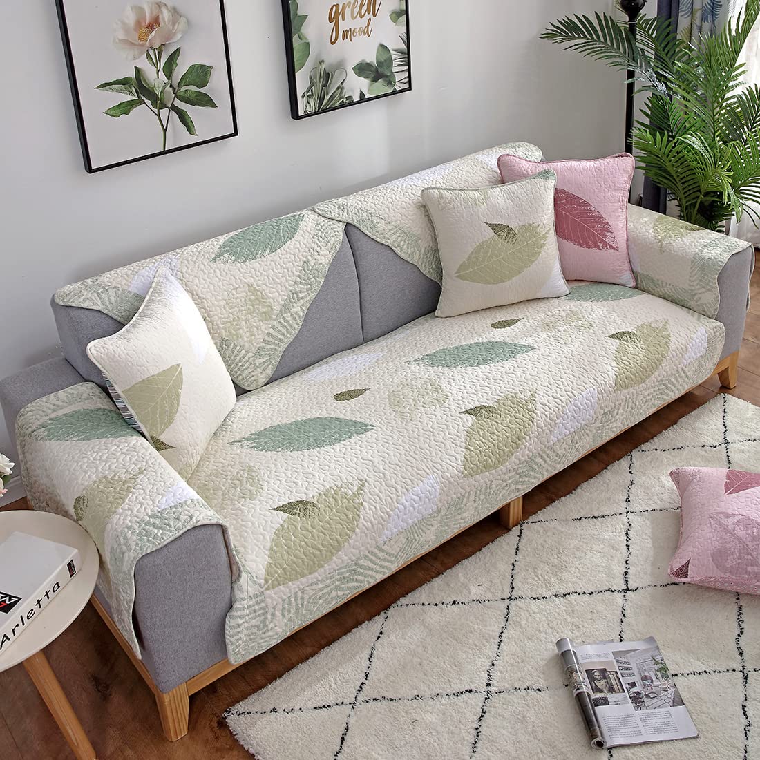 VCTOPS Farmhouse Country Leaf Pattern Cotton Quilted Sofa Cover - Non-Slip Soft Comfy Sectional Couch Slipcover Furniture Protector (Green Leaf, 28