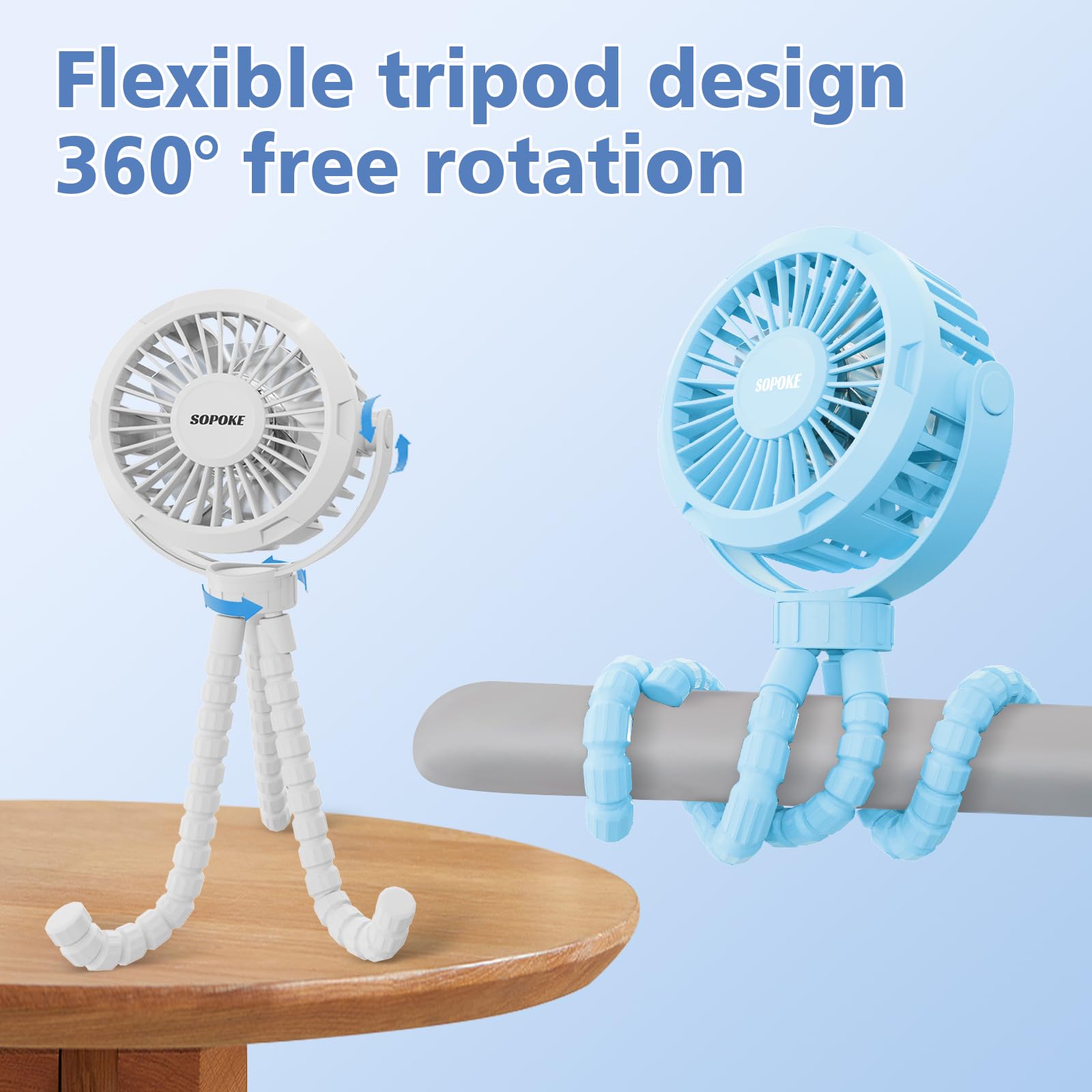 SOPOKE Mini Portable Baby Stroller Fan - 3 Speed Rechargeable Handheld Fan with 360° Flexible Tripod, Battery Operated Cooling Fan for Car Seat, Crib, Treadmill, Golf Cart & Travel (White) | Perfect for Outdoor Activities, Nursery, Sports & On-the-Go Use
