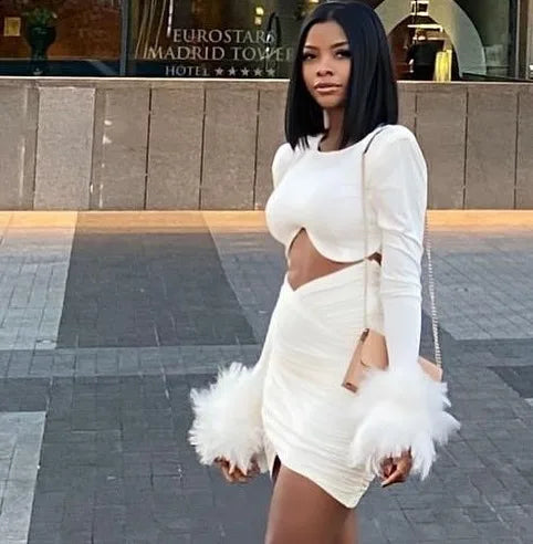 Black & White Winter Women's Long Sleeve Feather Trim Sexy Waist Cutout Bodycon Mini Dress - Rayon Stretchy Bandage Clubwear for Night Out & Party