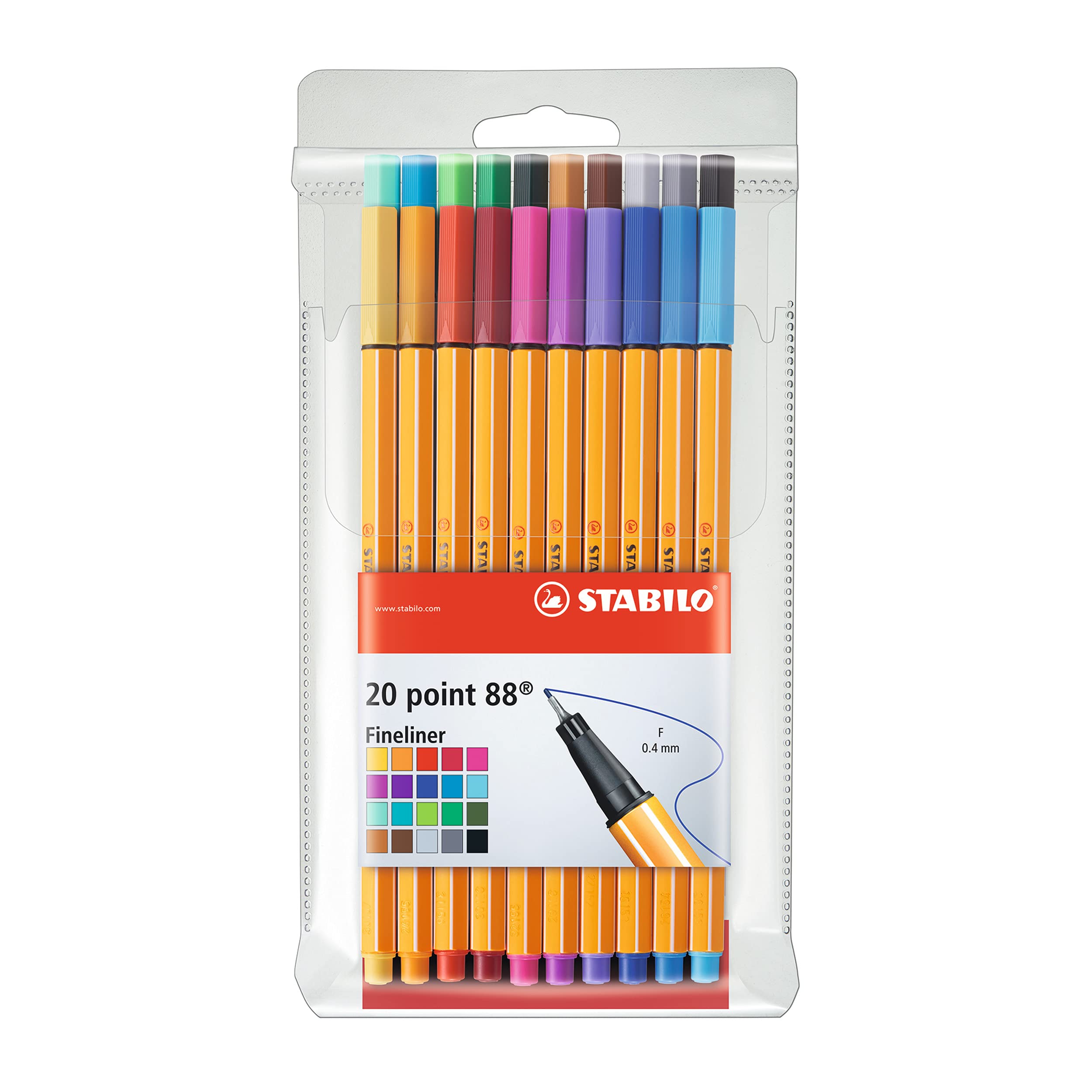 Stabilo® Point 88 Fineliner Pen Wallet - 20 Vibrant Colors Set for Journaling, Note Taking & Art Projects | Portable Marker Case for Students & Artists