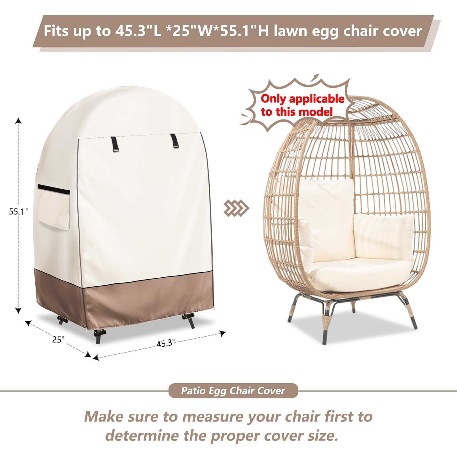 Waterproof Egg Chair Cover with Zipper - Outdoor Wicker Patio Basket Chair Protector (Beige & Brown, Fits 45.3
