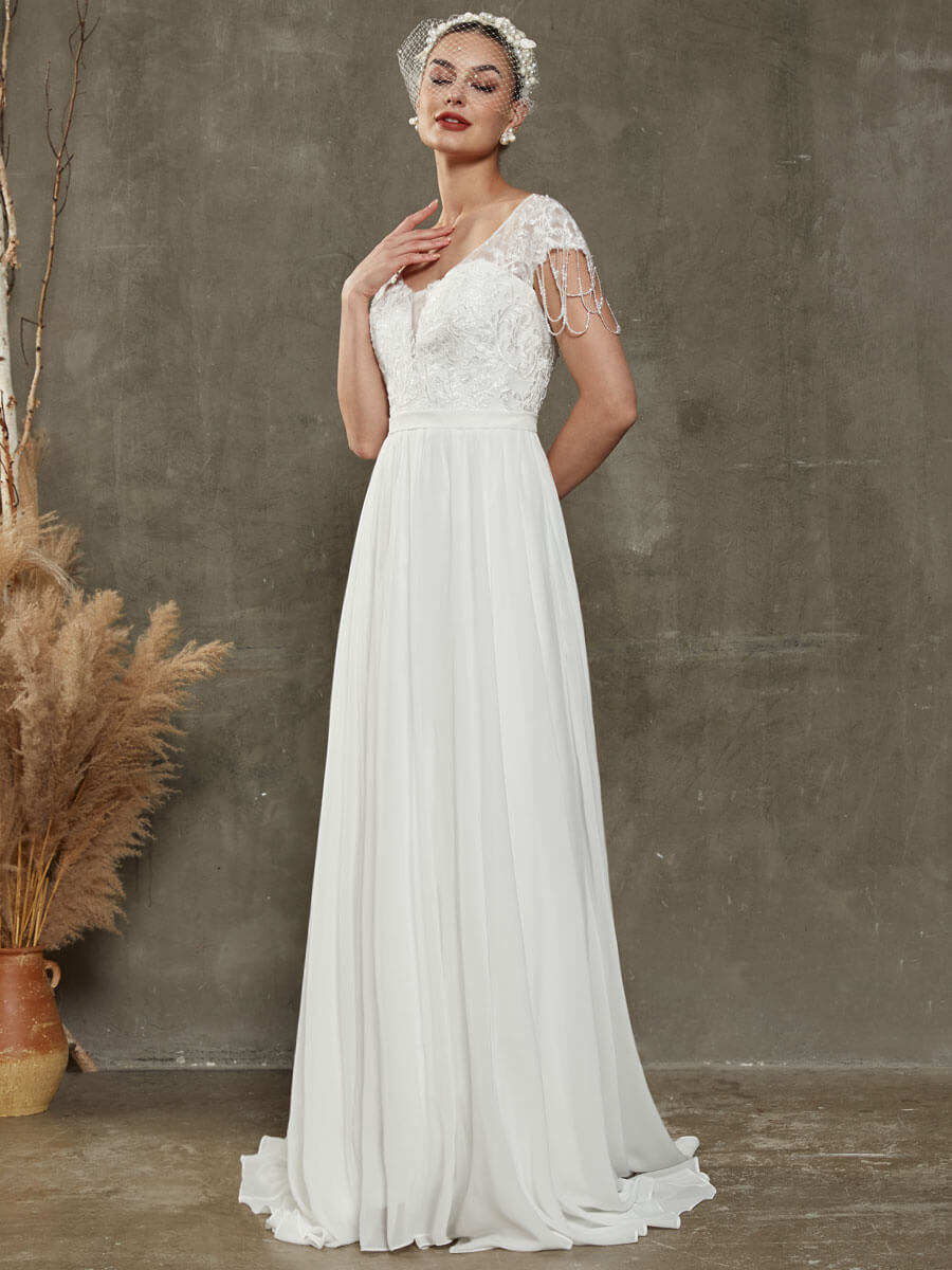 Elegant Chiffon Short Cap Sleeve Wedding Dress with Lace Tassels - Flowy Bridal Gown for Beach, Garden & Outdoor Ceremonies