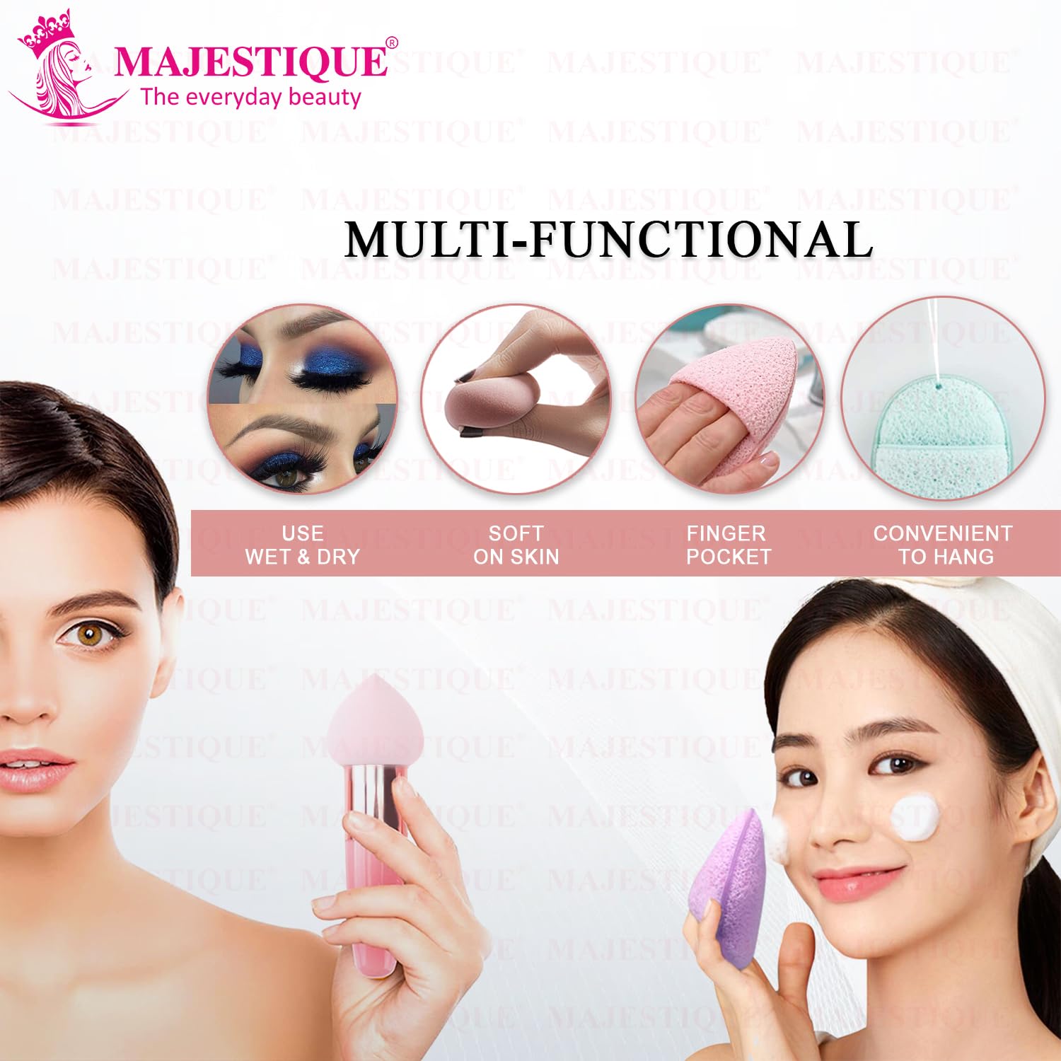 MAJESTIQUE Pointed Makeup Sponge - Reusable Facial Cleansing Sponge for Washing, Exfoliating & Makeup Removal with Finger Glove - Soft Bath & Shower Sponge (Pack of 2) - Perfect for Daily Skincare & Gentle Makeup Application