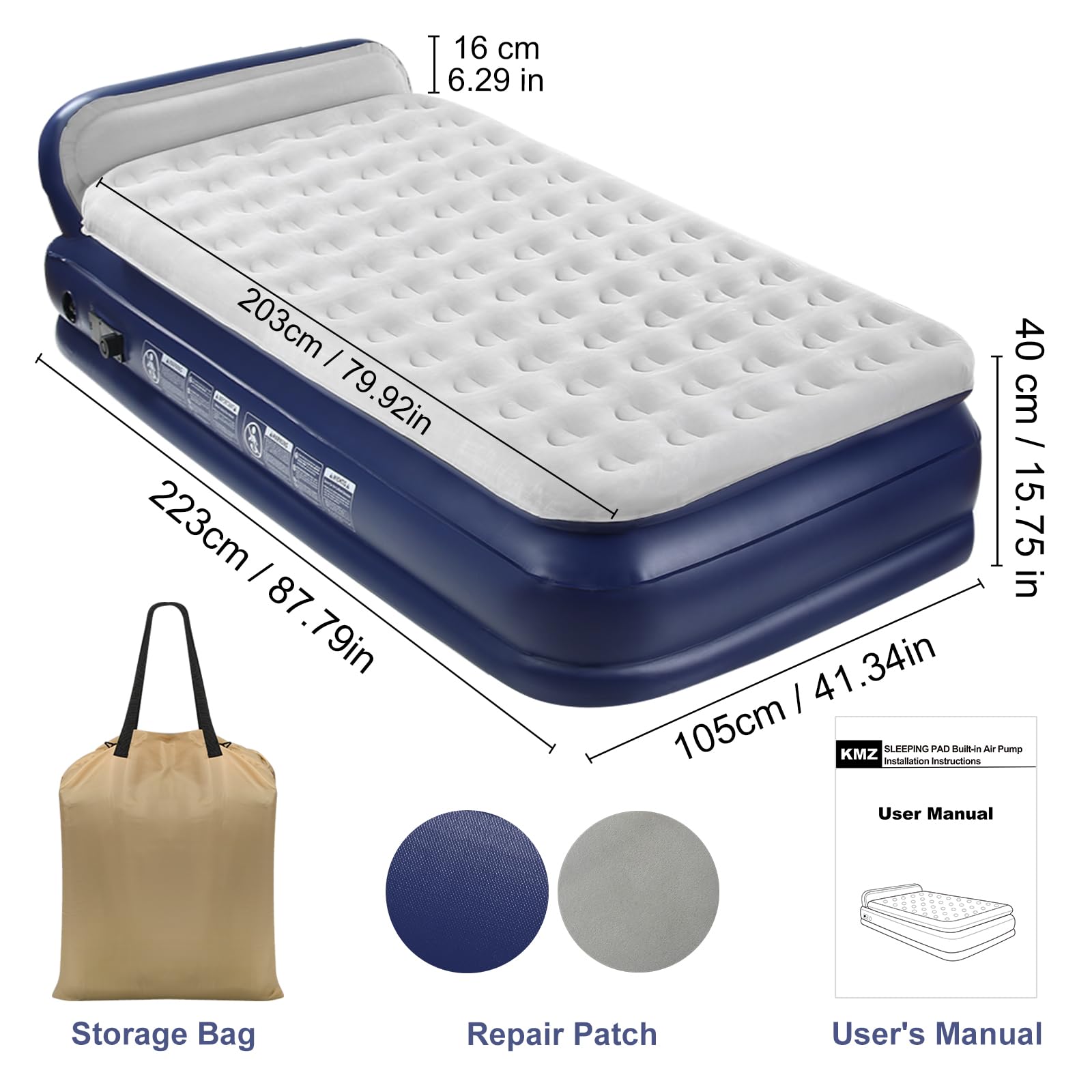 KMZ Twin XL Air Mattress with Built-in Electric Pump & Headboard - Comfort-Plush Enhanced Coil Technology for Home, Travel & Camping - Durable Inflatable Bed for Guests, Sleepovers & Outdoor Adventures