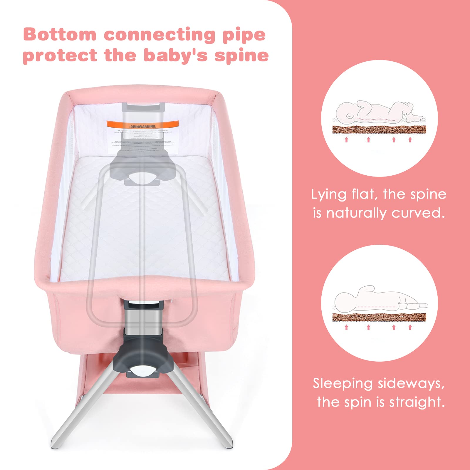 INFANS Baby Bassinet Bedside Crib - Portable Newborn Sleeper with Large Storage Basket, Adjustable Height & Breathable Mesh - Detachable Washable Mattress & Safety Straps - Perfect for Nursery, Bedroom & Travel (Pink)