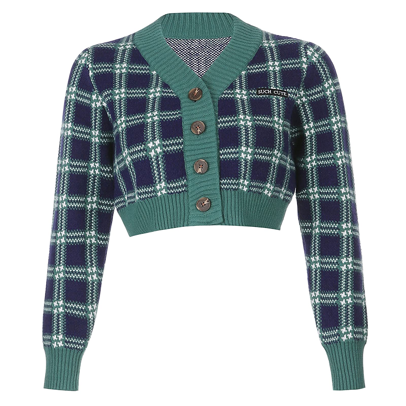 Gihuo Women's Y2K Plaid Cropped Cardigan Sweater - V Neck Button Down Knit Top for Casual Outfits & Layering | Perfect for Fall, Winter & Spring Fashion