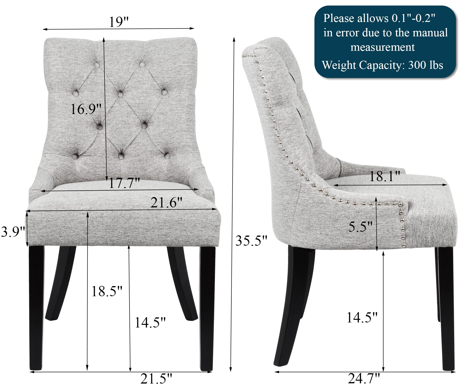 Modern Grey Flesser Fabric Upholstered Dining Chair Set of 2 - Tufted Accent Kitchen Chairs for Dining Room, Parsons Table - Perfect for Home, Restaurant & Office Use