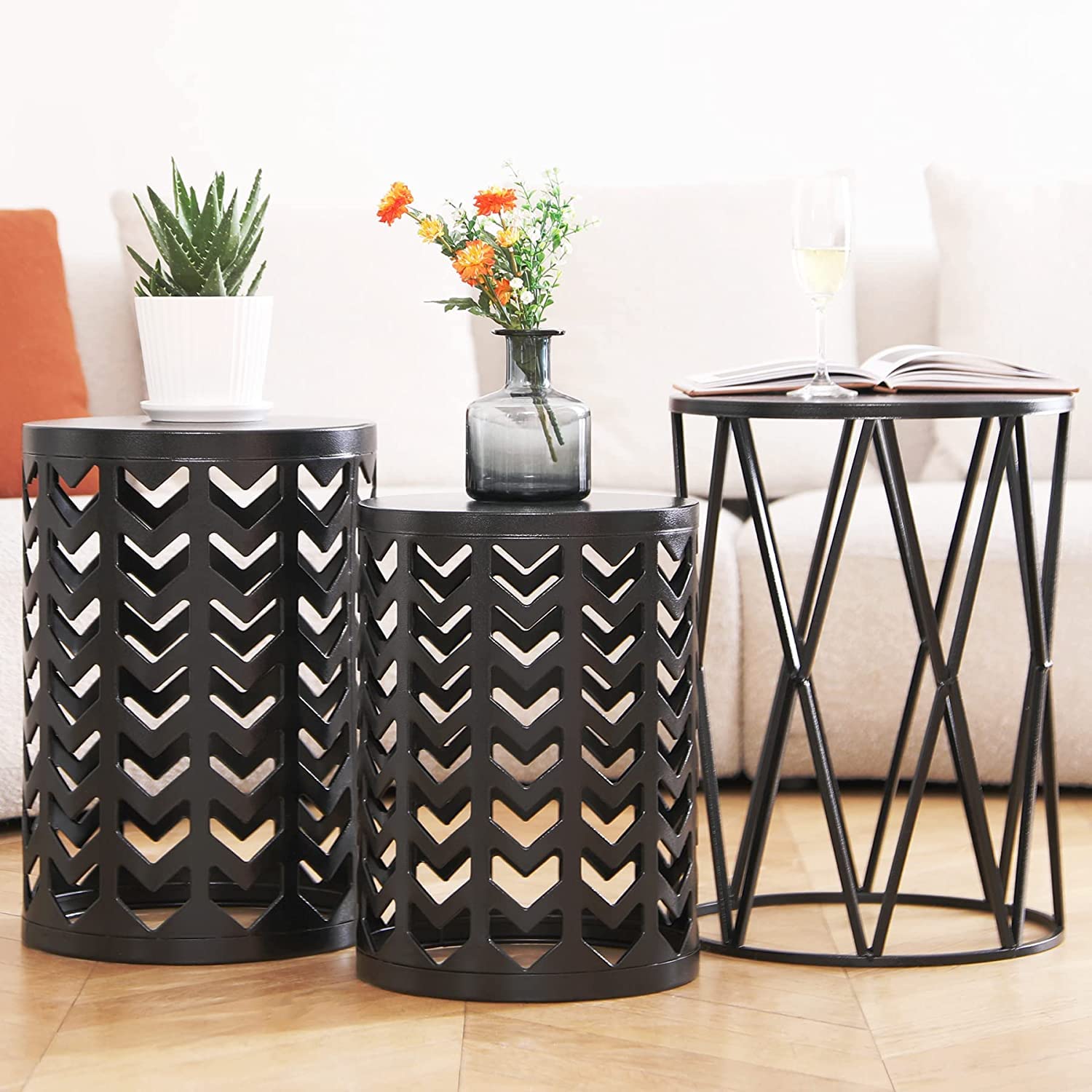 Y&M Set of 3 Round Metal Coffee Tables - Indoor Outdoor Side Tables, End Tables & Plant Stands - Heavy Duty Decorative Garden Stools in Black | Perfect for Living Room, Patio, Balcony & Backyard (Ships from USA)