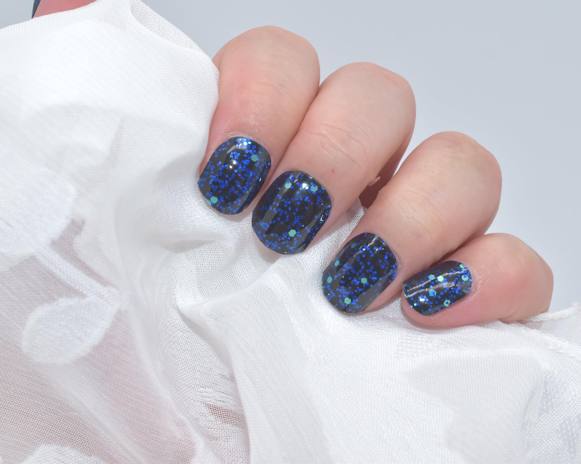 Semi Cured Gel Nail Stickers - Black & Blue Sparkly Sequins Nail Polish Strips | DIY Manicure Kit for Women | Perfect for Parties, Weddings & Special Occasions