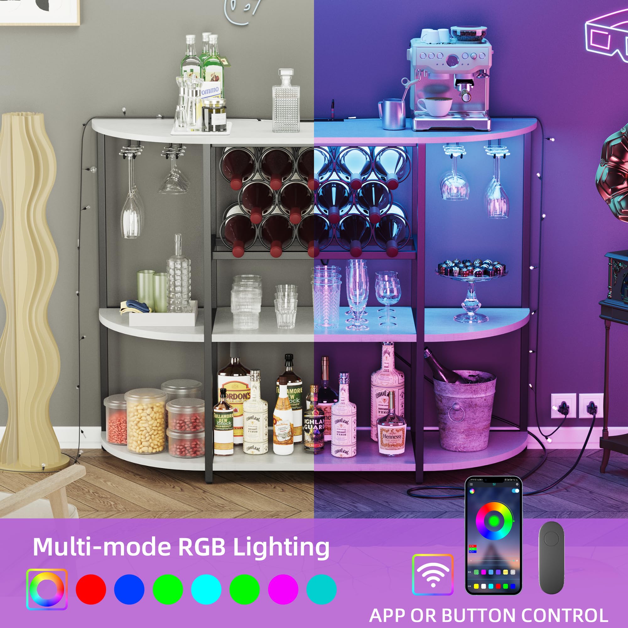 Shahoo White Wine Bar Cabinet with Storage Rack, Built-in Power Outlets & LED Lights - Glass Shelves for Liquor Bottles & Stemware - Perfect for Home Kitchen, Dining Room or Entertainment Area