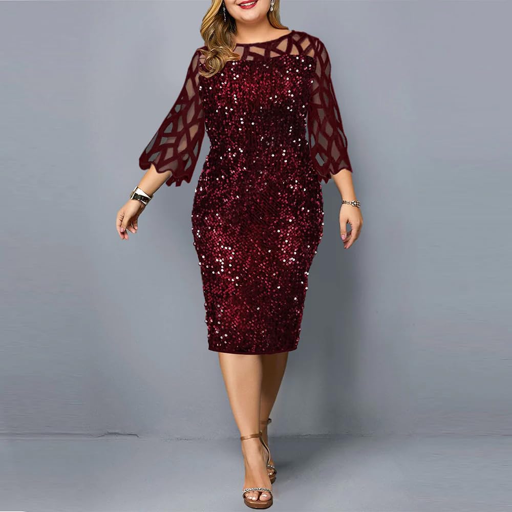 Plus Size Sequin Formal Party Dress for Women - Elegant Midi Evening Gown for Prom, Wedding & Special Occasions