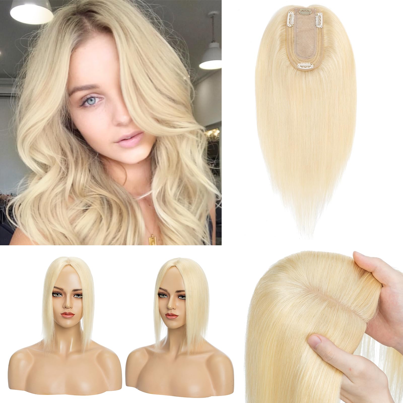 Clip in Human Hair Toppers 12 Inch Straight Hair Extensions for Thinning Hair & Hair Loss - Ash Blonde #613 - Perfect for Daily Wear, Parties & Special Occasions