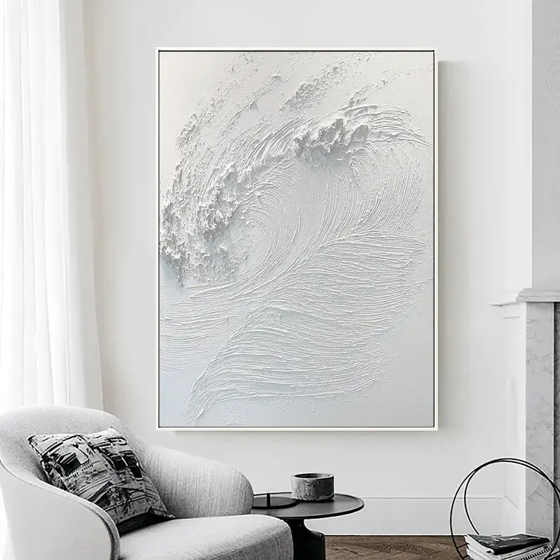 White Minimalist Textured Painting Canvas - Modern Abstract Wall Art for Living Room & Bedroom Decor | High-Quality Stretched Canvas #MM014