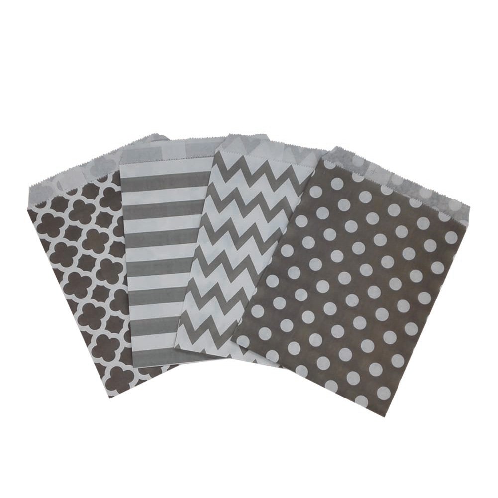 Eco-Friendly Biodegradable Paper Candy Cookie Bags | Food Safe Party Favor Bags | 100 Count, 4 Assorted Designs (Grey) | Perfect for Birthday Parties, Baby Showers & Wedding Favors