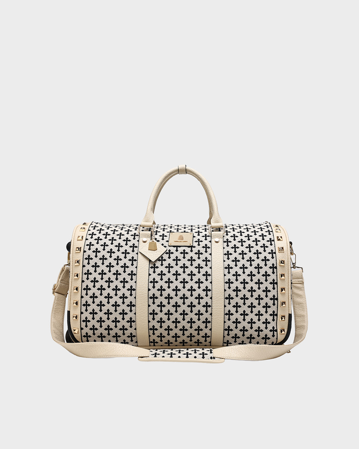 **Cream White Cross Spiked Rolling Duffle Bag - Stylish Travel Luggage for Gym, Weekend Trips & Airplane Carry-On**