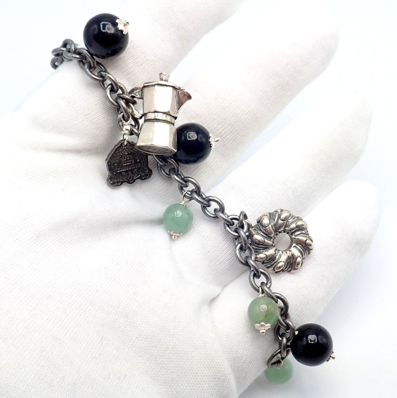 Vintage Mario Buccellati Sterling Silver Coffee Jadeite Onyx Beaded Charm Bracelet - Elegant Jewelry Gift for Women, Perfect for Parties, Weddings & Special Occasions