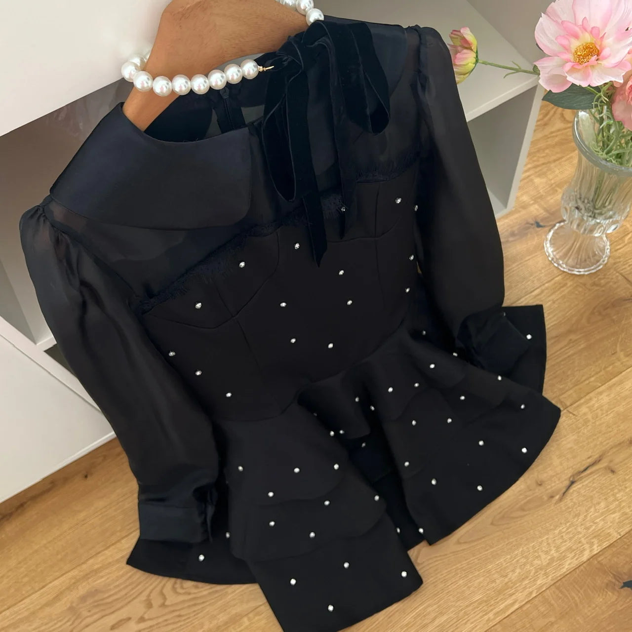 Vintage Black Polka Dot Elegant Long Sleeve Mini Dress for Women - French Inspired Pleated Party Dress for Evening Events, Date Nights & Fall Festivals