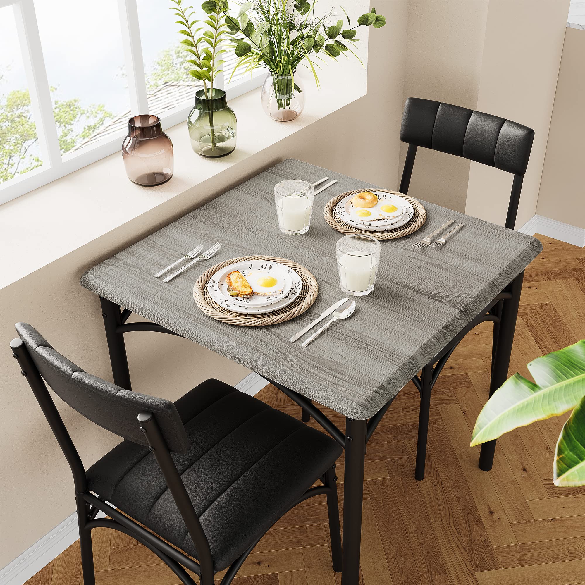 GAOMON 3-Piece Square Dining Table Set for 2 with Upholstered Chairs - Rustic Gray Kitchen Table & Chairs for Small Spaces, Apartments & Studios | Perfect for Breakfast Nooks, Cozy Meals & Compact Living Areas