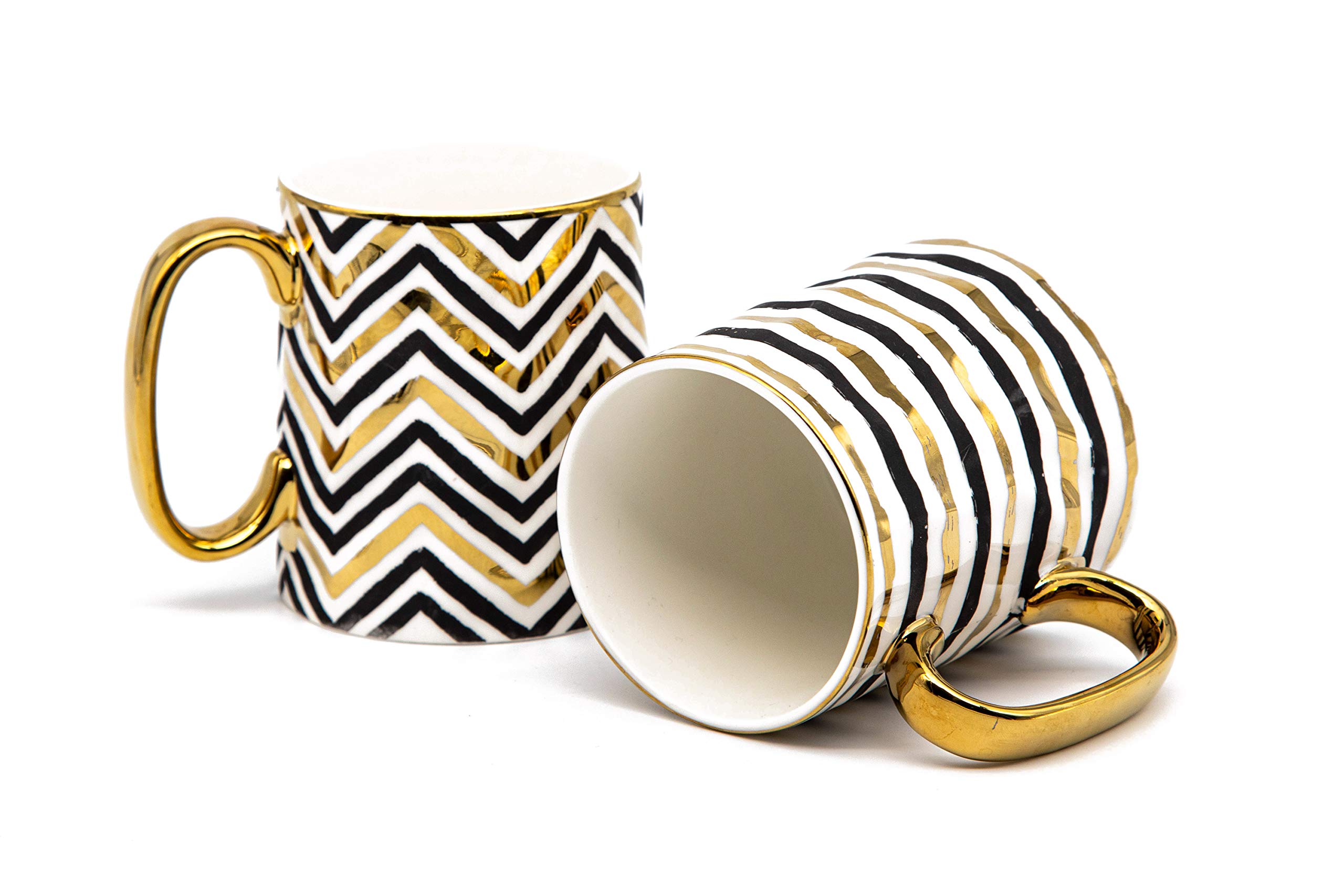 Premium Black and Gold Porcelain Coffee Mug Set - 14.8 oz Geometric Design with Metallic Accents - Elegant Tea Cups with Handles (Set of 2) - Perfect for Home, Office, or Gift Giving