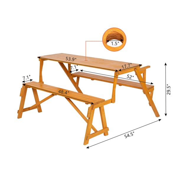 2-in-1 Convertible Outdoor Wooden Picnic Table and Garden Bench - 54.5