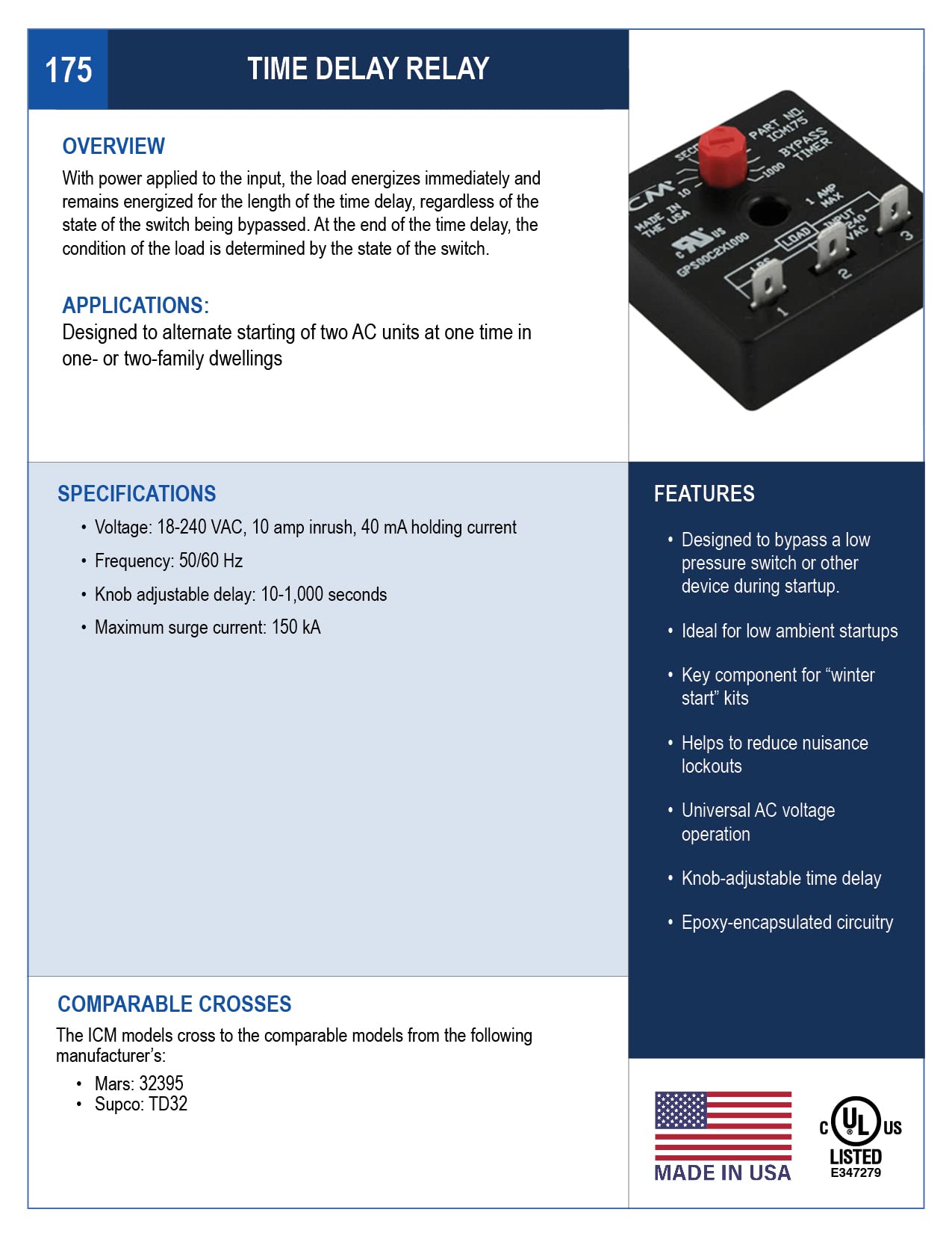10-Pack ICM175 Time Delay Relay with Bypass Timer - Made in USA - Perfect for Industrial Automation, HVAC Systems, and Electrical Control Panels