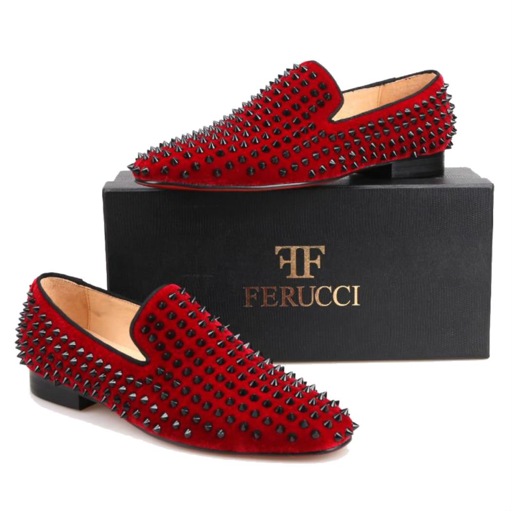 FERUCCI Men's Burgundy Velvet Loafers with Black Spikes - Comfortable House Slippers for Indoor/Outdoor Wear, Perfect for Lounge, Home, and Casual Occasions