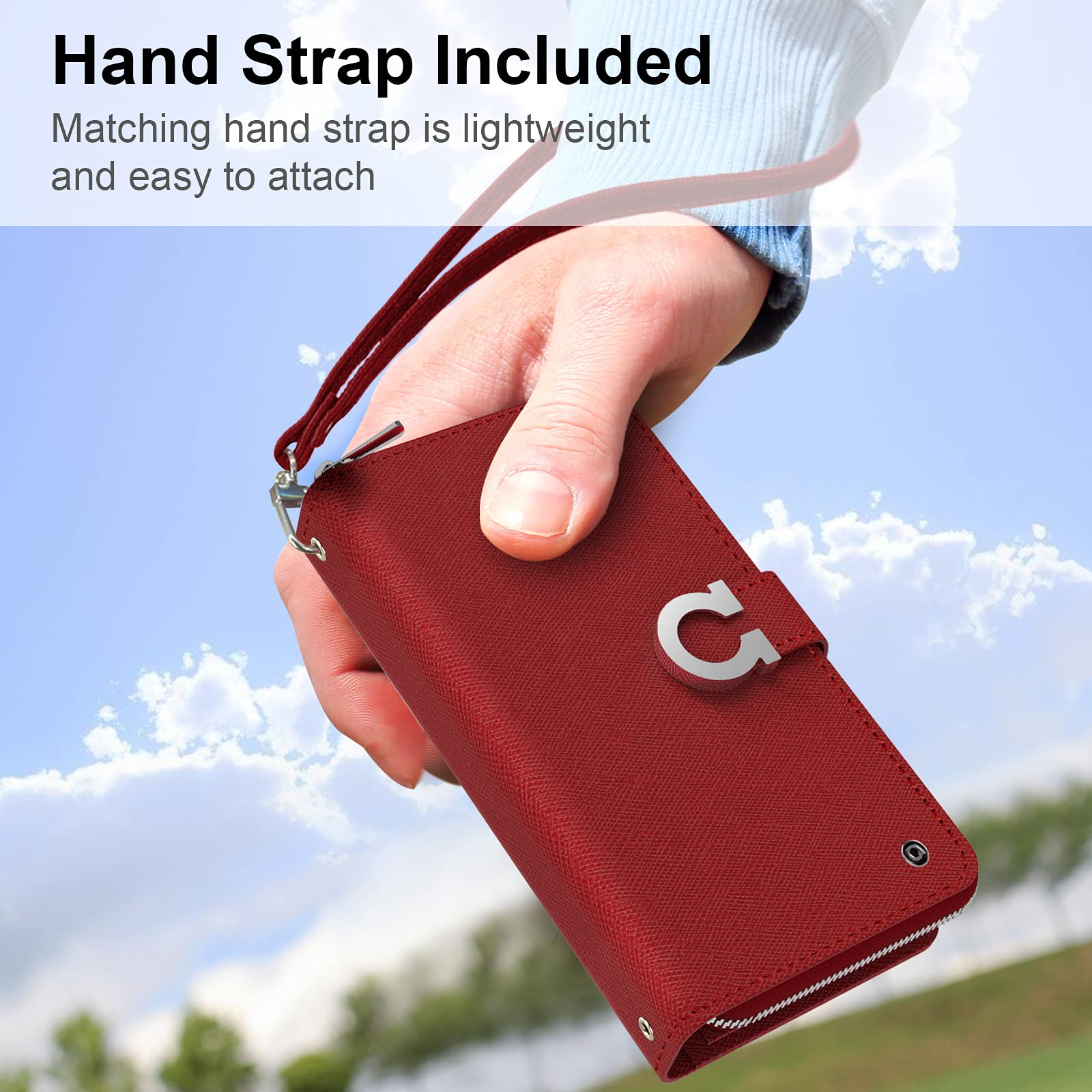 Premium PU Leather Galaxy Note 8 Wallet Case with Zipper Closure, Card Holder & Strap - Burgundy Flip Cover Folio for Protection & Style | Perfect for Business, Travel & Everyday Use